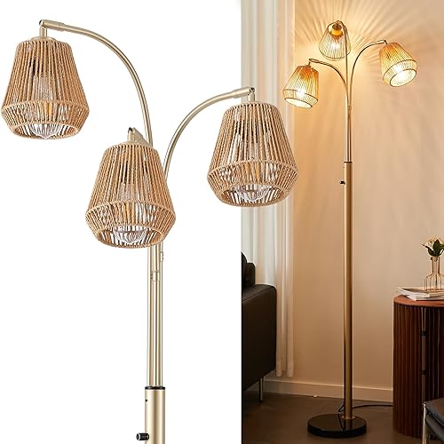 Lámpara de pie de ratán dorado para sala de estar, lámpara de pie bohemia de 72 pulgadas de alto con interruptor giratorio, lámpara de arco de 3