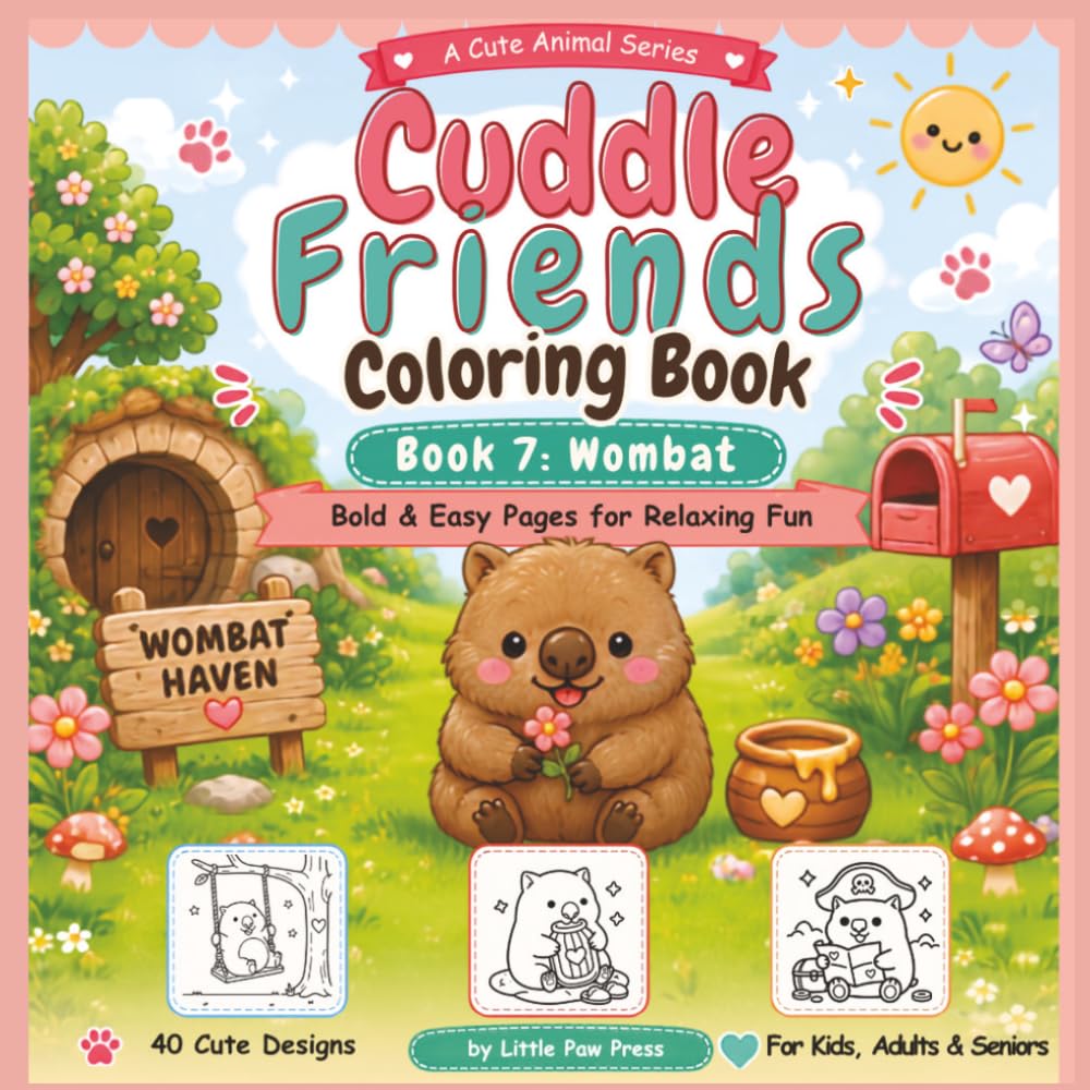 Cuddle Friends Coloring Book: Book 7 Wombat: Bold and Easy Cute Wombat Coloring Pages for Kids, Adults, Seniors, Beginners and Animal Lovers