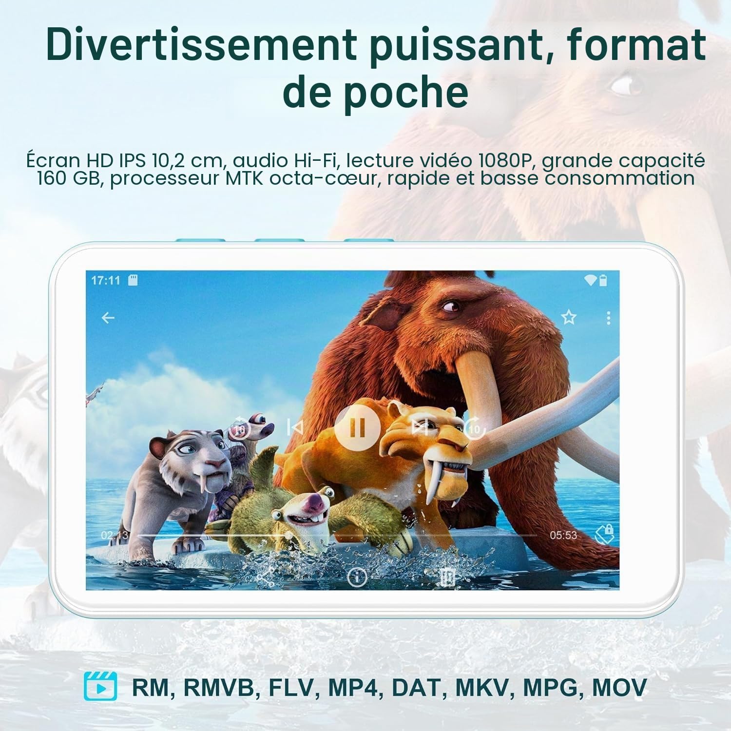 SWOFY D08 Lecteur MP3 Android 13 160 Go Bluetooth WiFi écran tactile 4 pouces compatible Spotify Audible Play Store radio FM extensible 1 To