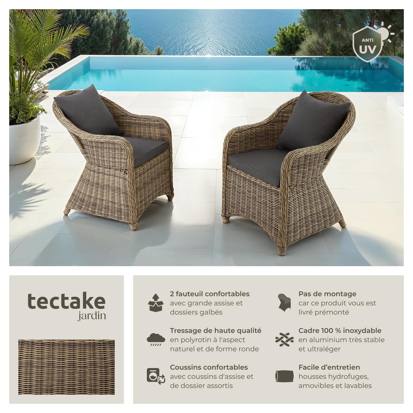 tectake® Ensemble de 2 Fauteuils Confortables avec Accoudoirs, Salon de Jardin Exterieur ou Intérieur, PolyRotin et Aluminium, Coussins Inclus, Mobilier de Jardin Amenagement Balcon Terrasse Veranda