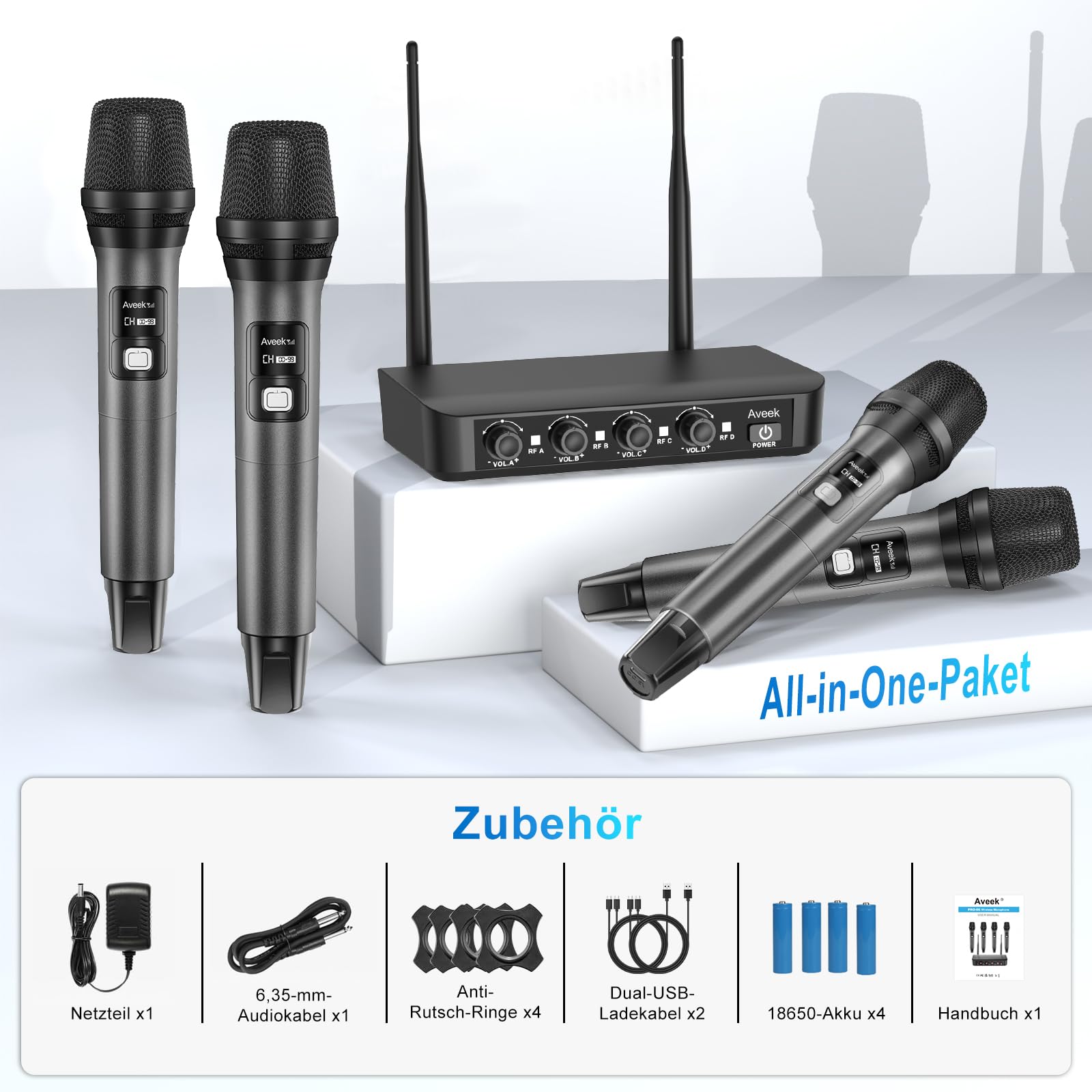 Aveek Kabelloses Mikrofonsystem mit 4er-Pack dynamischen Handmikrofonen, 79,9 m lange Reichweite, 40 Stunden Akku, Studio-Sound mit niedriger Latenz für Karaoke, Gesang, Rede, Kirche, Bühne, Hochzeit