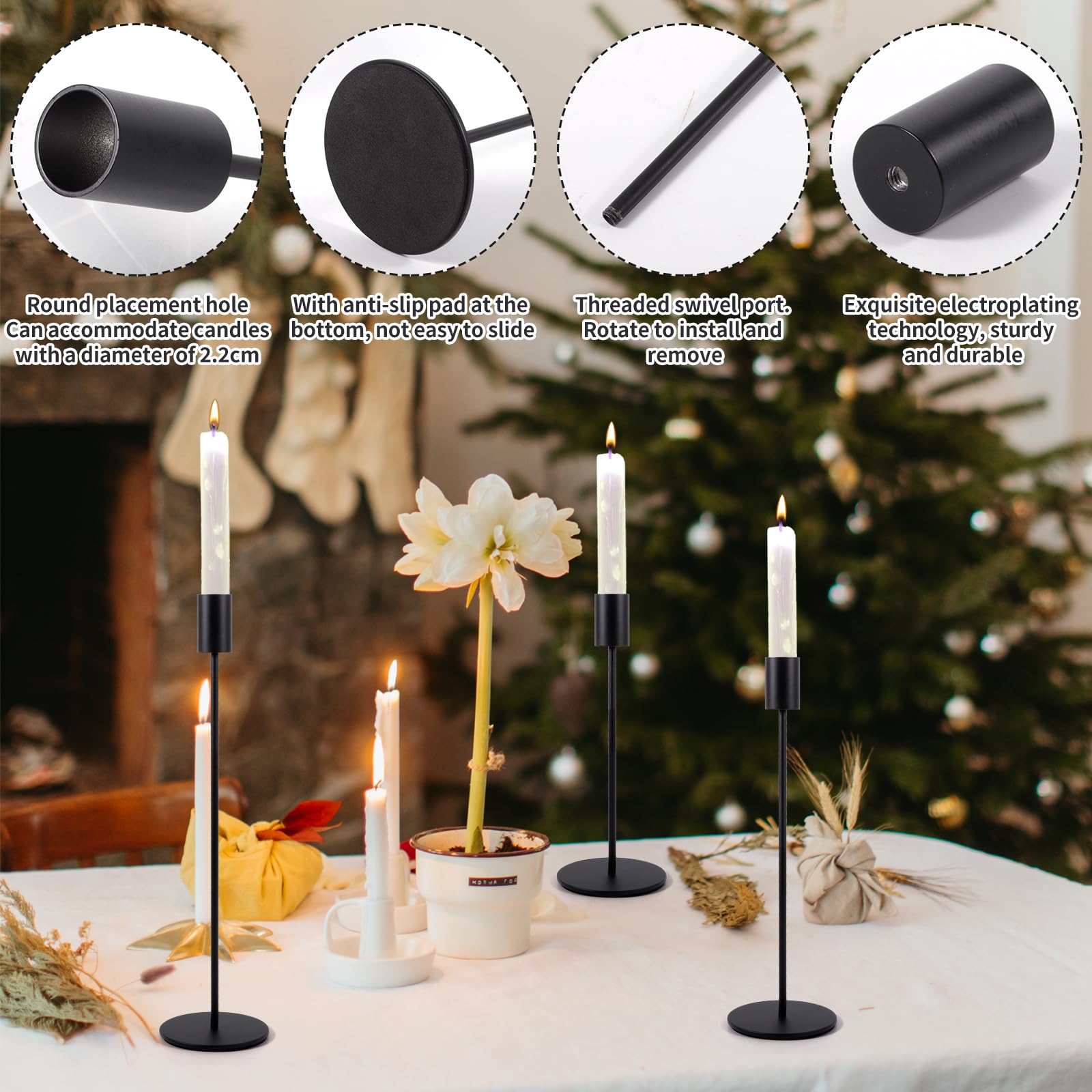 Candelabro Set di 3 Nero Portacandele di Diverse Dimensioni 21.7/27/32 cm per Candele Coniche da 2.2cm, Candeliere D'epoca, Camera da Letto Soggiorno Tavolo da Pranzo Decorazione Portacandele
