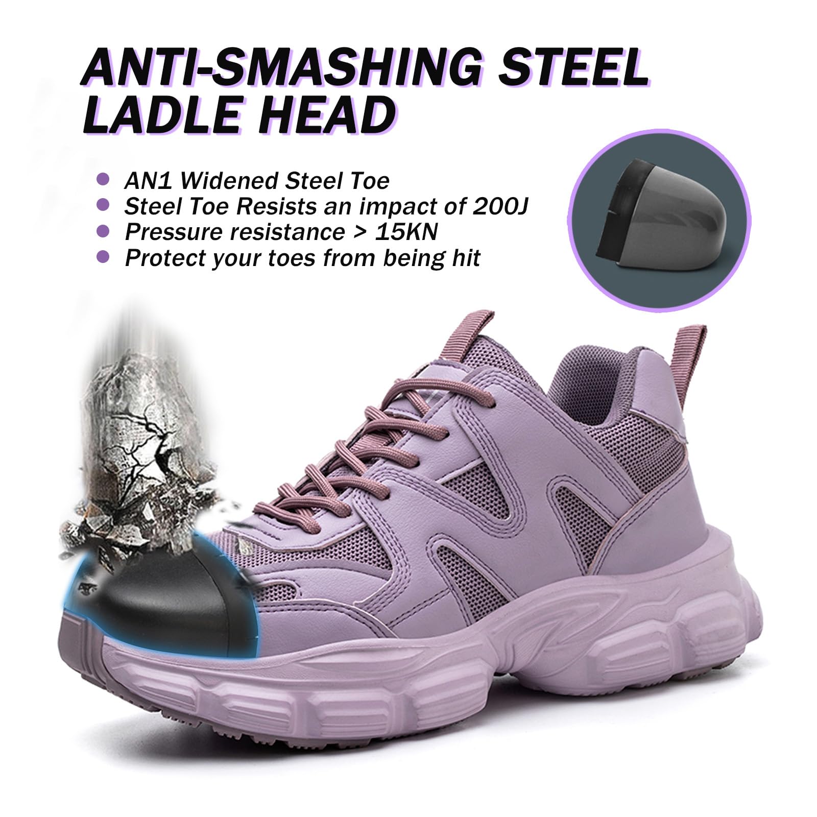 COOU Purple Safety Shoes for Women Steel Toe Work Shoes Standing All Day Lightweight Comfortable Slip Resistant Safety Toe Shoes for Women Size 9