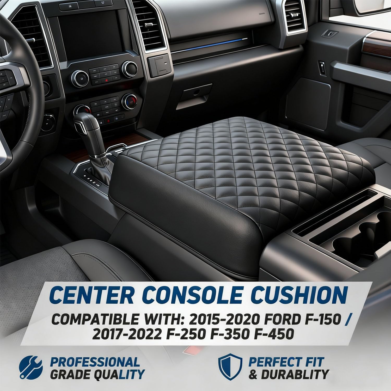 Center Console Cover Compatible with 2015-2020 Ford F150 / 2017-2022 F250 F350 F450 and 2018-2024 Expedition Accessories, Customized PU Leather Armrest Cover Protector (Bucket Seat Only)