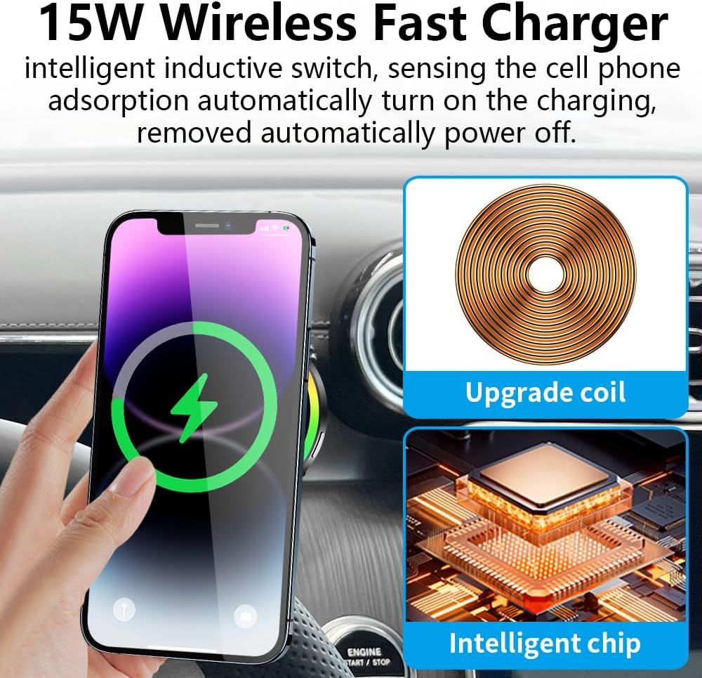 Car Magnetic Phone Mount for Mercedes Benz C-Class 2022-2025 and GLC Class 2023-2026 and CLE 2024-2026 Auto Accessories Best Cellphone Holder Fast 15W Wireless Charger Cell Phones Screen Stand