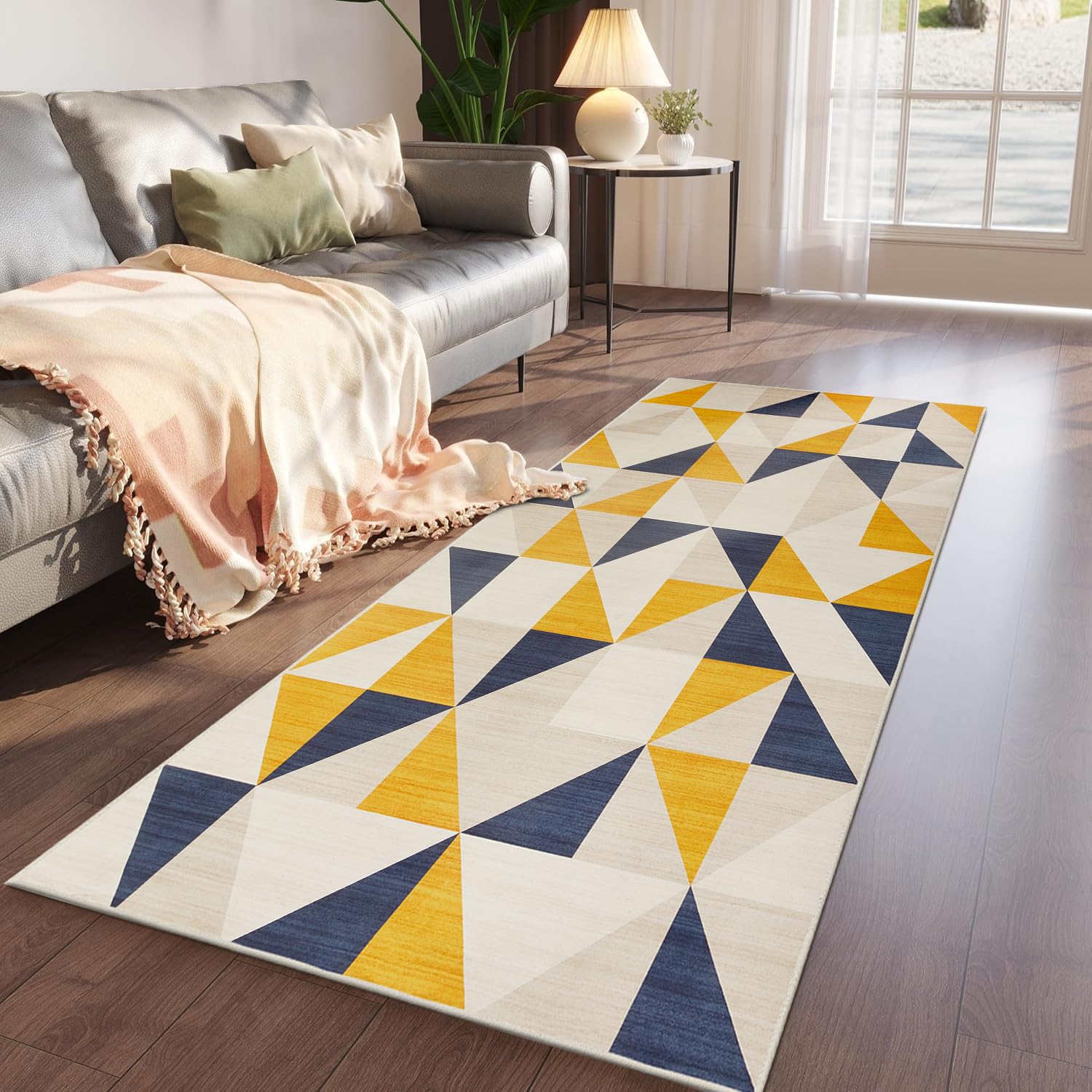 Imperial Rooms Rugs for Bedroom - Runner Rug for Hallway Geometric Area Rugs Living Room Yellow Triangle Pattern Soft Touch Modern Carpet Runners (60 x 220Cm, Brio) โ image 1