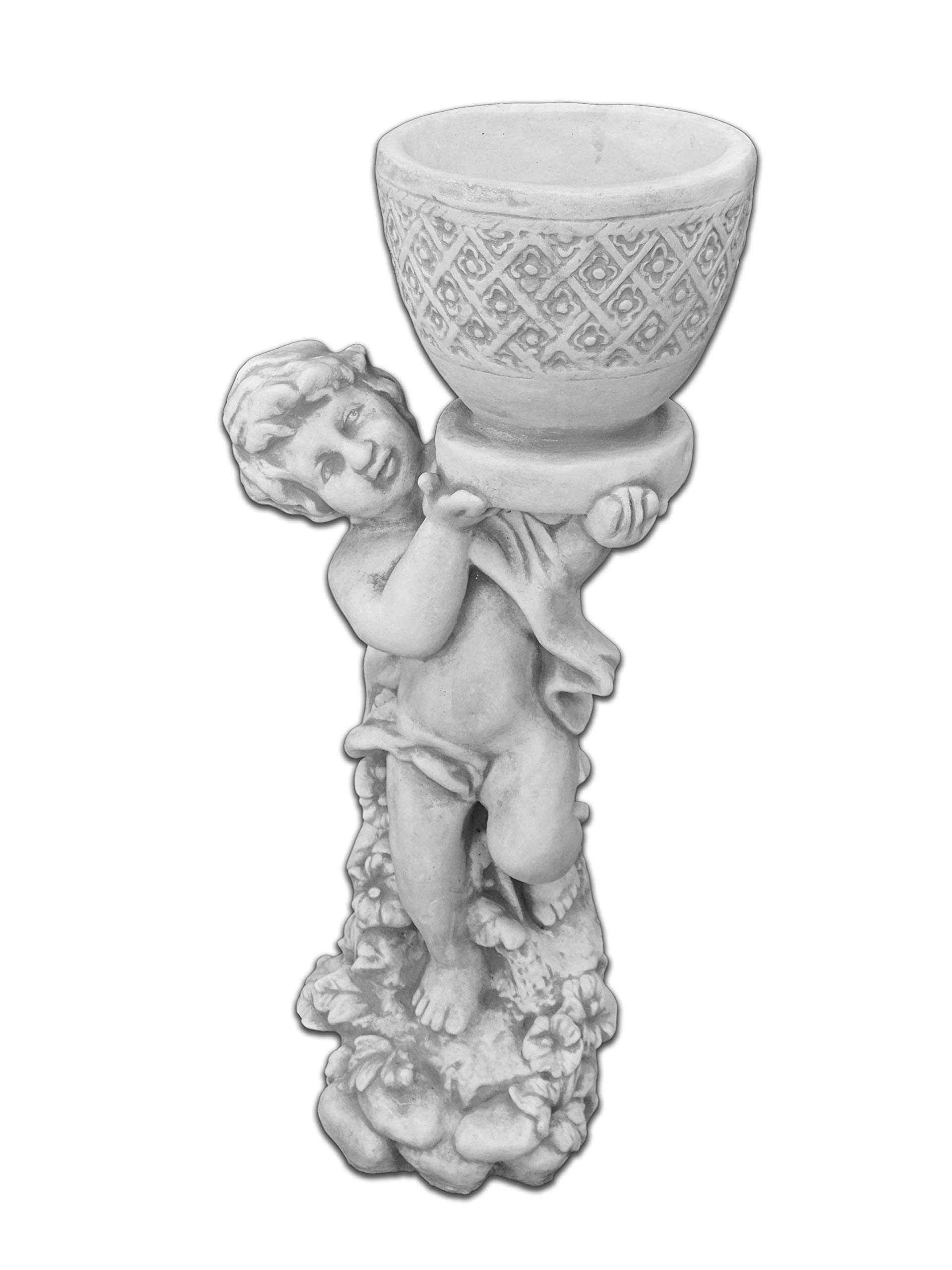 gartendekoparadies.de Junge mit Blumentopf Pflanzgefäß aus Steinguss, H. 66 cm, 2 Liter, 23 kg, Grau, frostsicher für Außenbereich