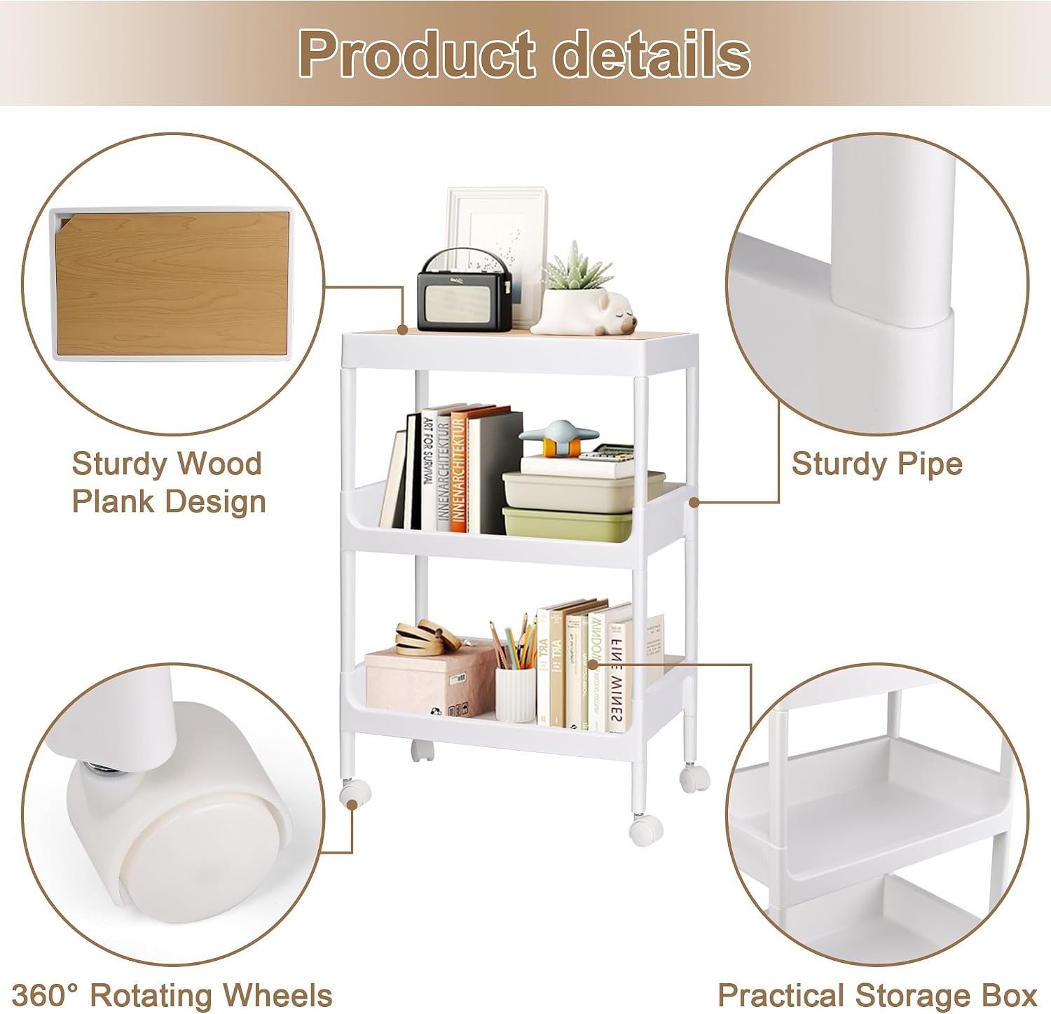 Rolling Storage Cart 4 Tier Kitchen Carts Utility Rolling Storage Organizer Mobile Shelving Unit Cart with Lockable Wheels for Kitchen, Bathroom, Laundry Room, White