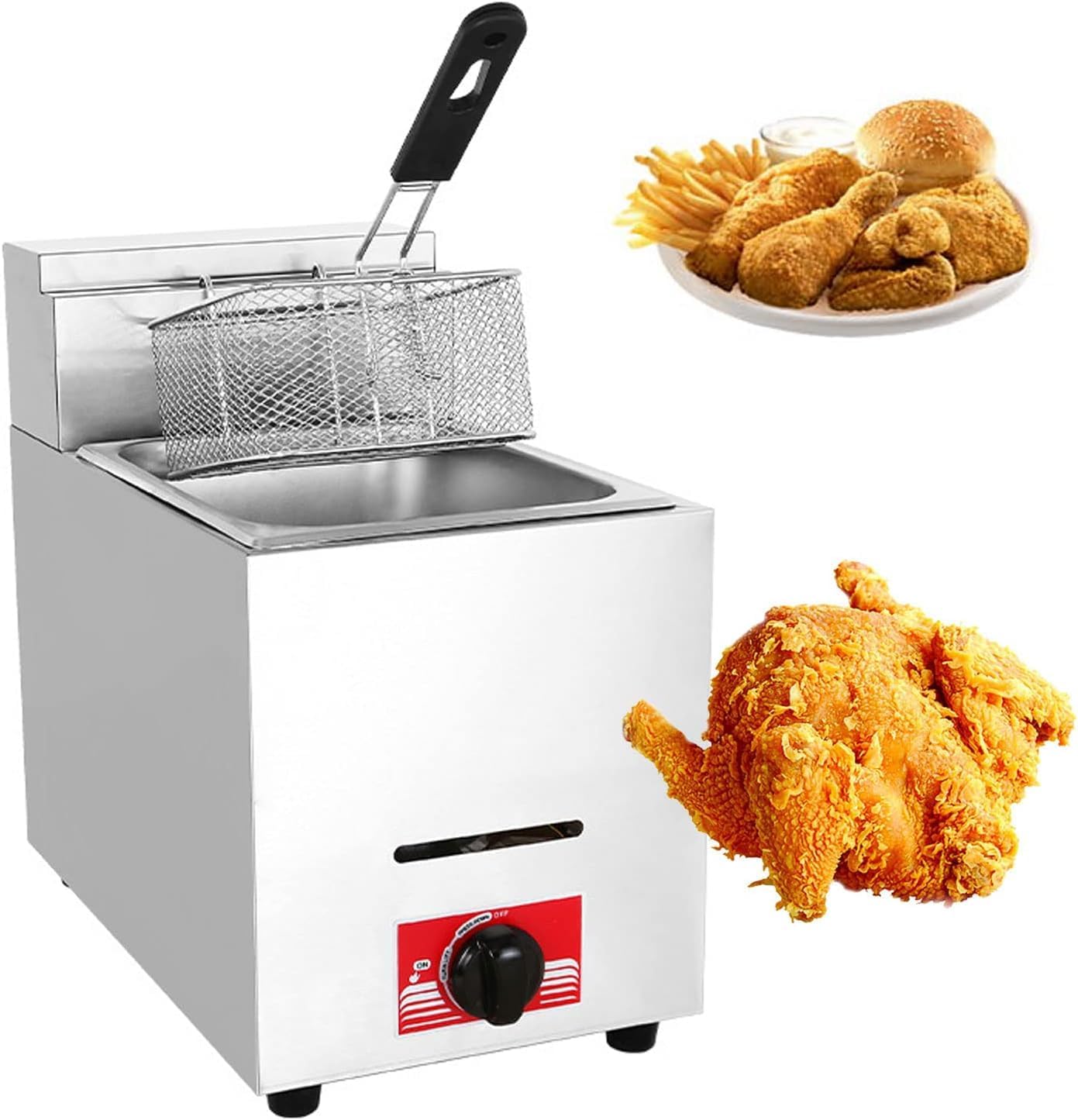 Gas Deep Fryer Deep Fryer Liquefied Gas Deep Fryer Stainless Steel Freestanding Temperature Control with Lid Large Capacity Gas Deep Fryer Easy to Clean for Cooking Food，A