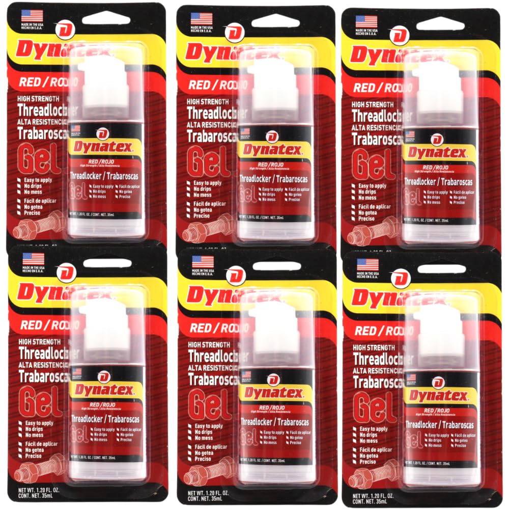 Dynatex Red High Strength Gel Threadlocker 1.20 oz Bottle - Permanent Lock, Anaerobic, Large Fasteners, Vibration & Solvent Resistant (6-Pack)