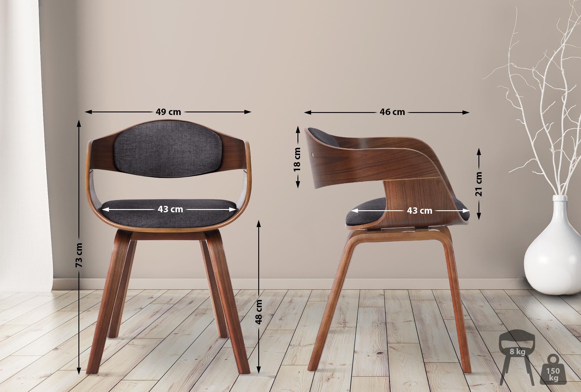 CLP Silla De Visita Kingston En Tela I Silla De Madera con Respaldo Semi-Curvado I Butaca De Salón En Estilo Escandinavo I, Color:Nuez/Gris Claro