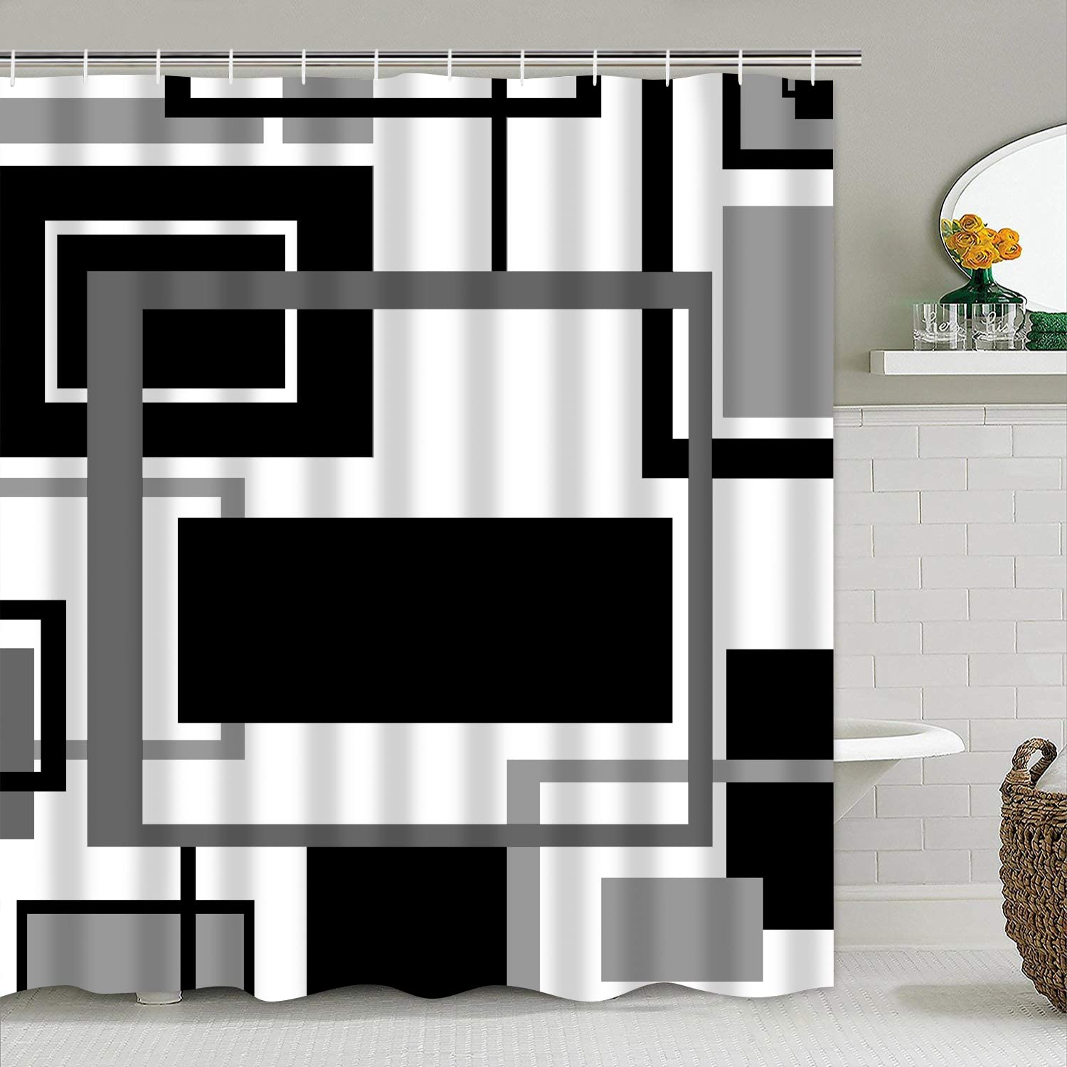 Yddsky 4 Pcs Black Geometric Shower Curtain Sets Non-Slip Bath Rugs, Toilet Cover, U-Shaped Mat, Abstract Geometric Modern Shower Curtain with 12 Hooks
