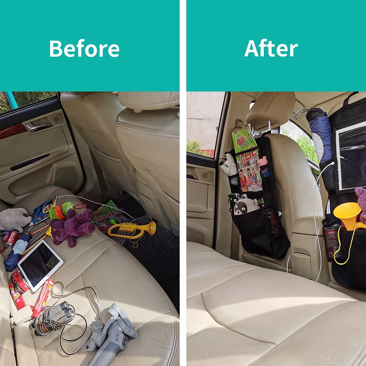Funbliss Car Backseat Organizer -Kick Mat Seat Protector,Suitable for Mini IPad,7.9 Screen,Premium 600D Oxford Waterproof Fabric，2 Pack Black