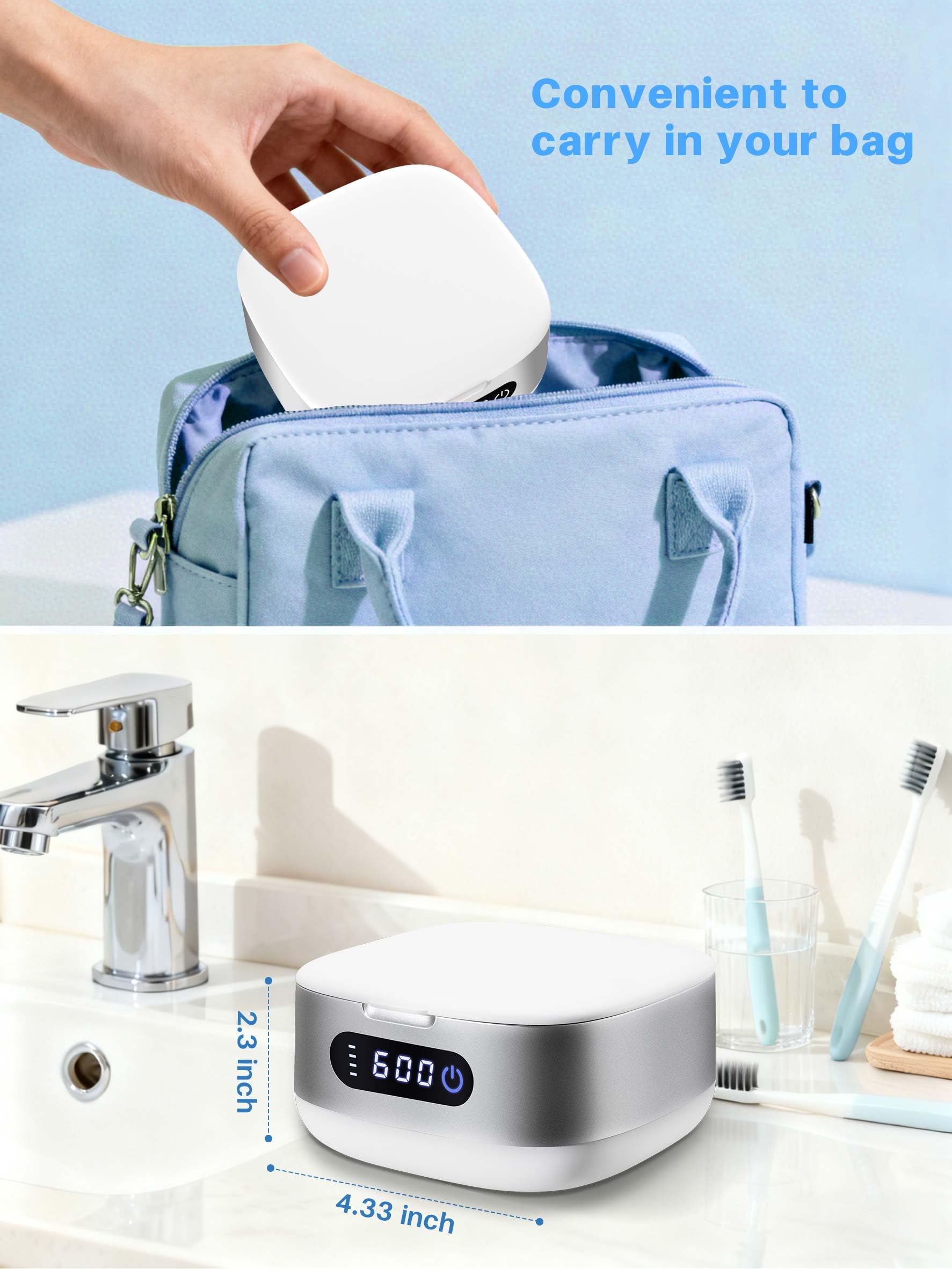 Voraiya Nettoyeur Ultrasons pour Gouttière Dentaire, Dental Pod Compact et Silencieux, Batterie 4000 mAh, IPX7 Étanche, Réservoir 166 ml, pour Aligneur, Appareil Dentaire