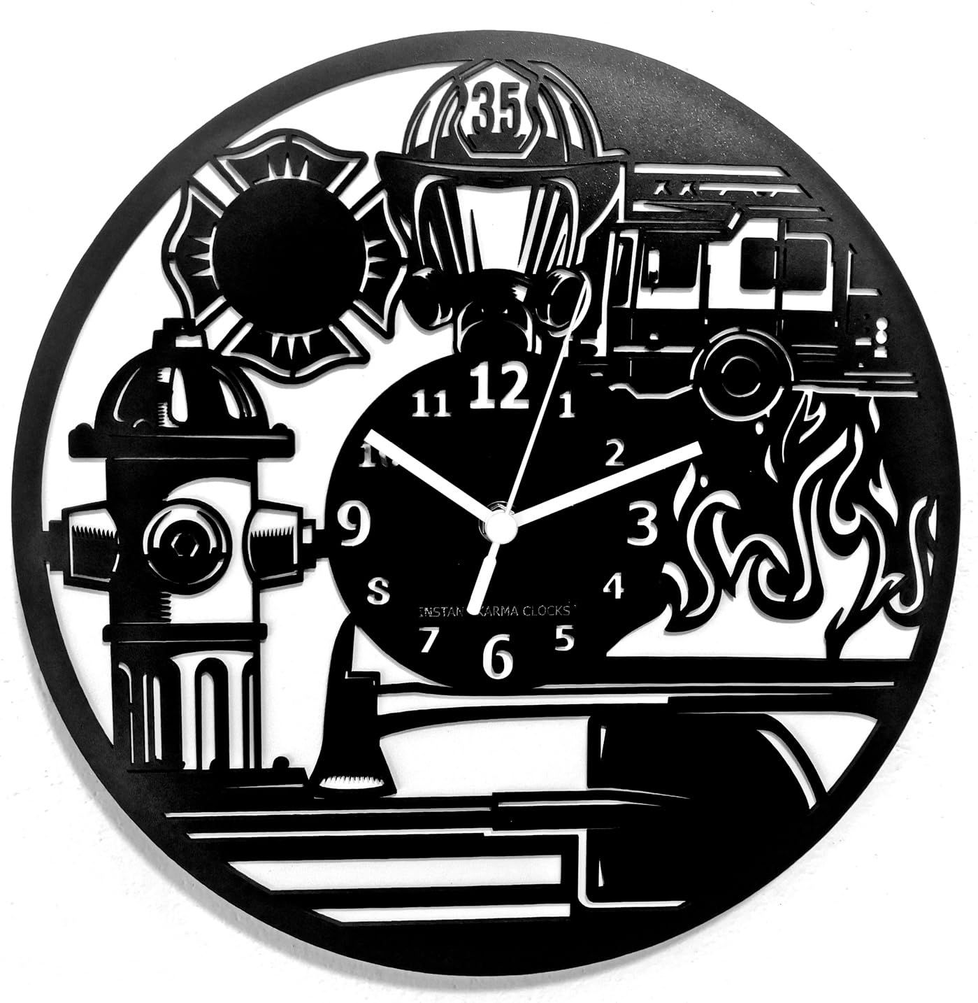 Instant Karma Clocks | Firefighter Wall Clock – Silent Non-Ticking Quartz – Wall Decoration for Fire Station, Rescue Office, Fireman Gift, Hero Tribute Decor