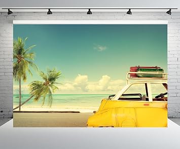 9x6ft Seaside Backdrop Yellow Retro Classic Car with Suitcases Palm Trees Summer Beach Background for Boys Girls Adults Summer Party Decor Portrait Photo Props Vlog Video Shooting