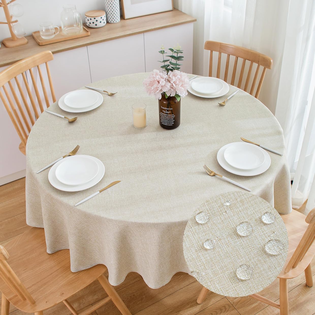 Round Tablecloth 200cm Diameter Water Resistance Linen Texture Spill Proof Table Cover Solid Colour Circle Cover, Linen Colour