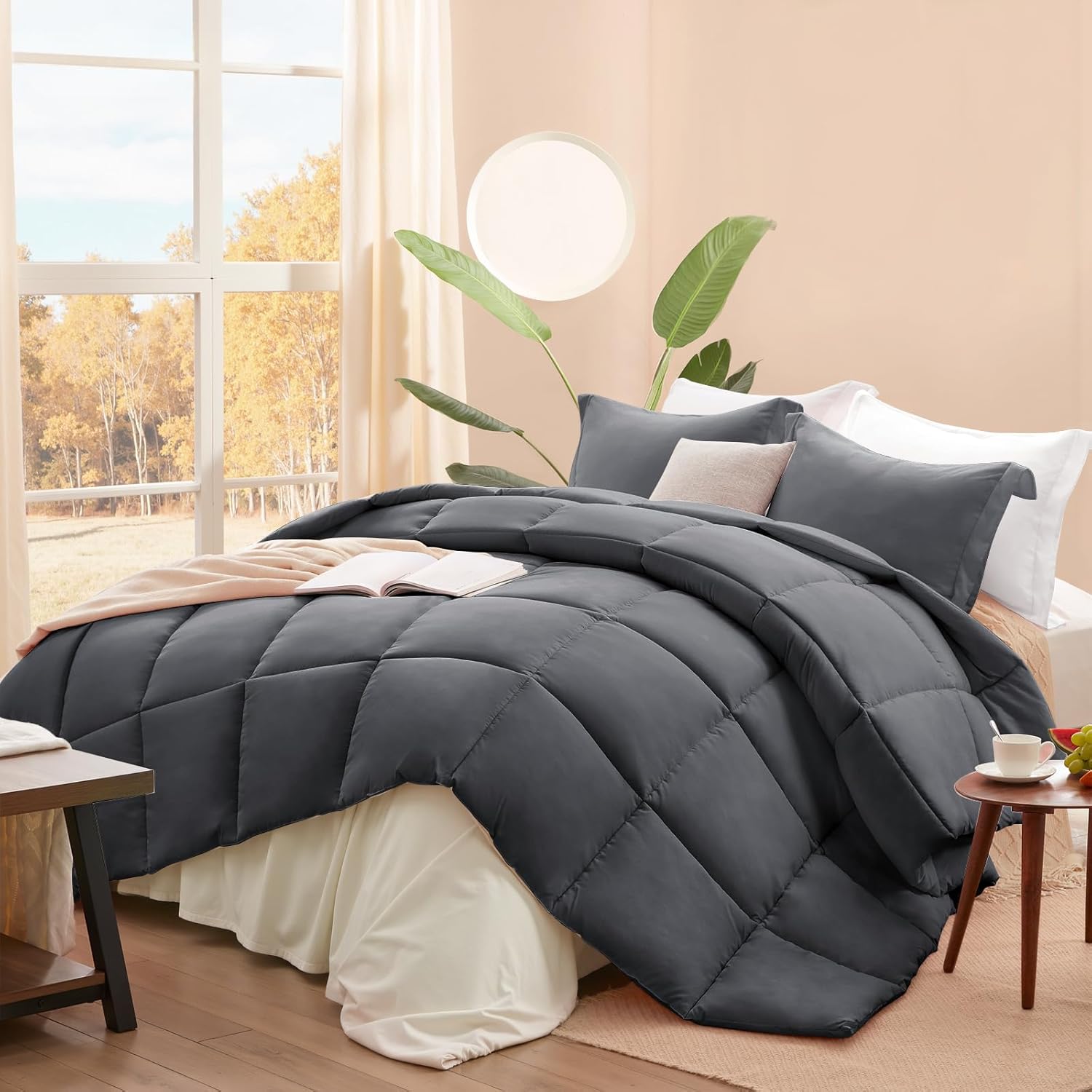 SunStyle Home Queen Comforter Set Dark Grey, 3 Pieces Lightweight Comforters Queen Size Solid Box Stitched Bedding Sets, Soft Breathable Down Alternative Bed Set with 2 Pillow Shams for All Seasons