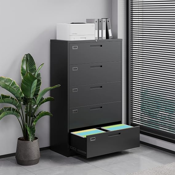 Letaya 5 Drawer File Cabinet with Lock,Metal Lateral Filing Cabinets for Home Office Hanging Files Letter/Legal/F4/A4 Size(Black-Requires Installation)