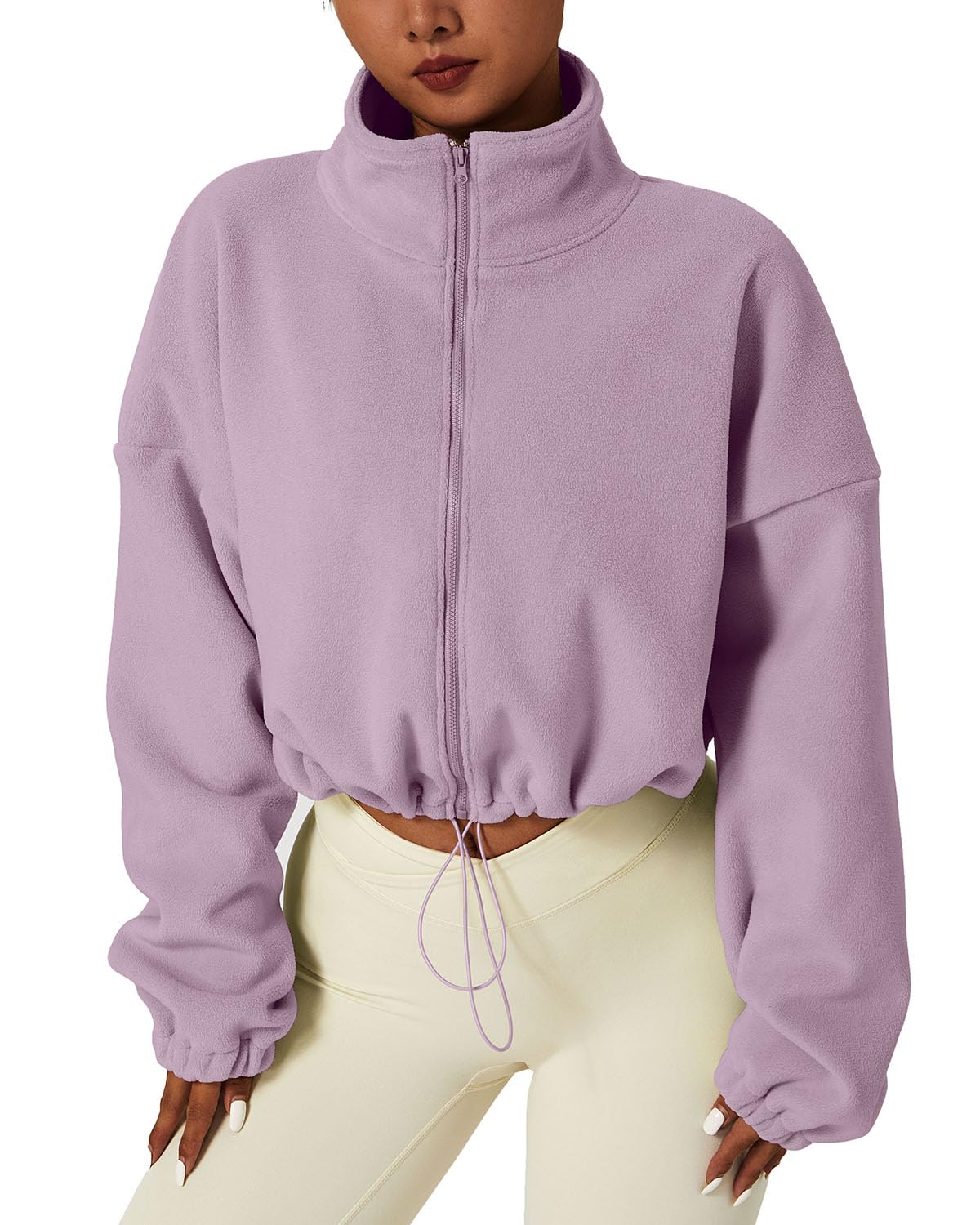 QINSEN Women's Full Zip Fleece Short Jacket Warm Winter Long Sleeve Stand Collar Sherpa Crop Coat