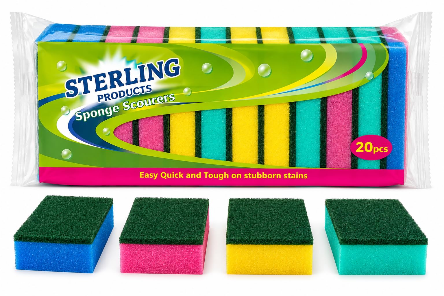 STERLING PRODUCTS Multi Colour Sponge Scourers 20 Pack – Non Scratch Kitchen Cleaning Sponges for Dishes, Pots, Pans & Household Cleaning