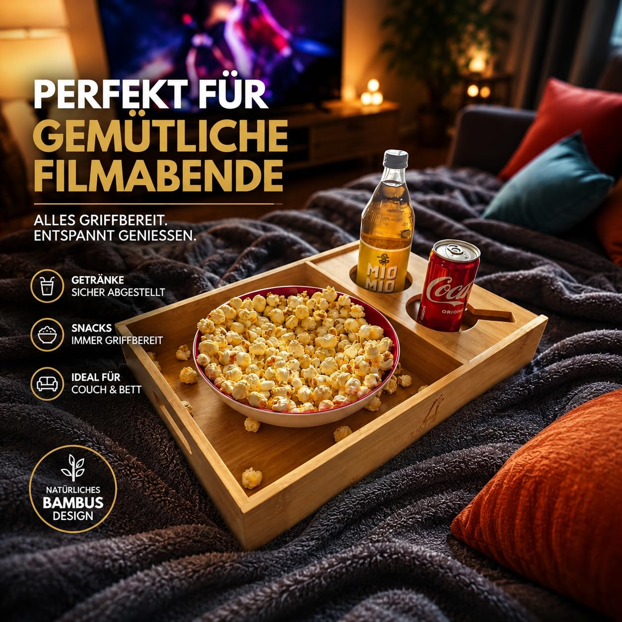 Couchbar Snackbox Serviertablett – Bambustablett - großes Fach für Snacks & Mahlzeiten – leicht & sicher – Geschenkidee.