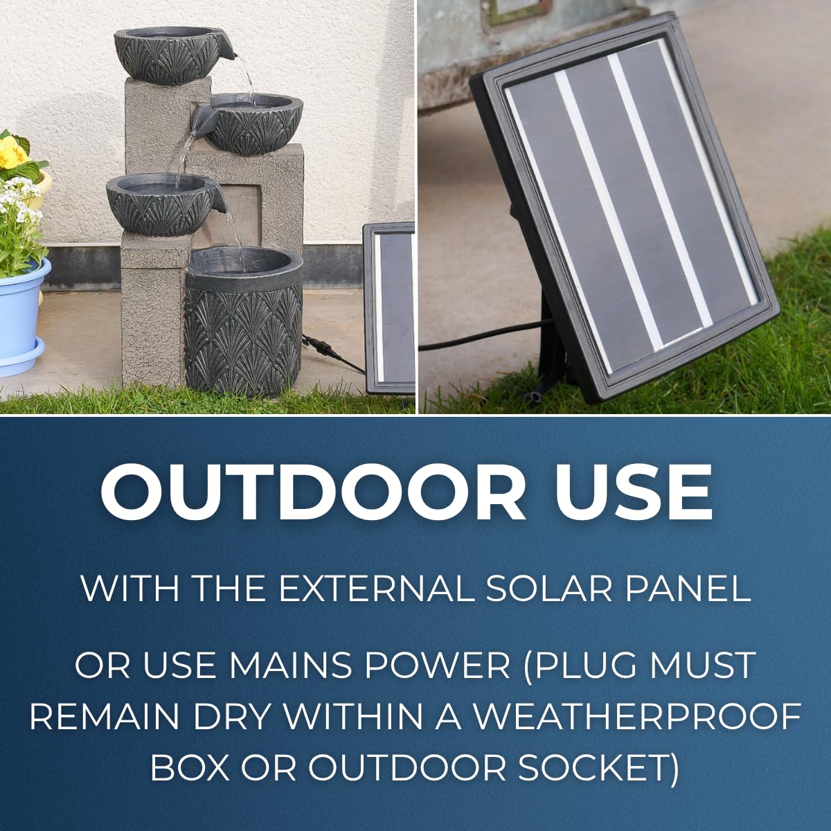 Festive Lights - Fontaine de jardin hybride avec éclairage LED gris effet pierre 42 cm – Solaire, USB et alimentation enfichable, fontaine de jardin intérieur ou extérieur, fonction minuterie