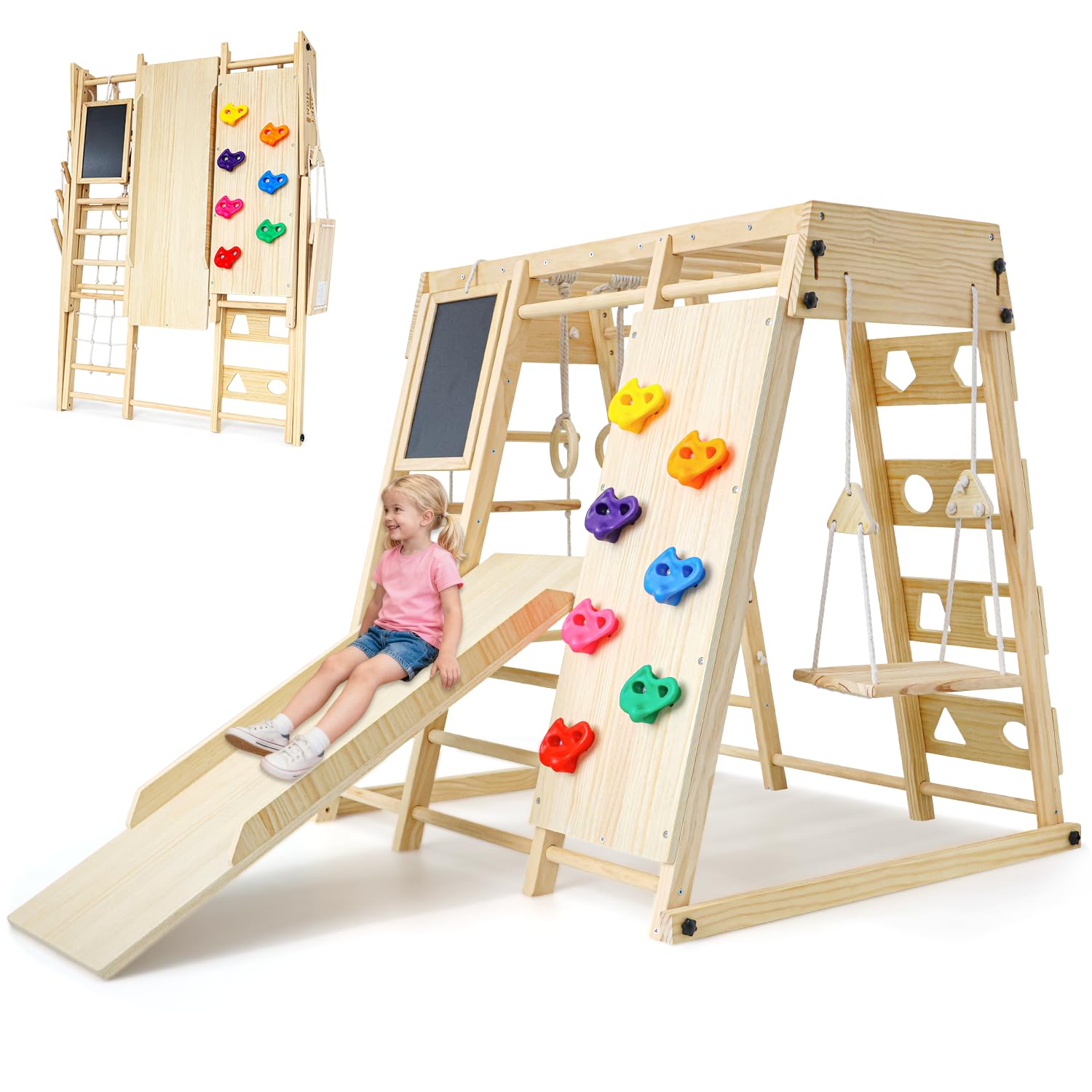 Maxi Klettergerüst Indoor, 10 in 1 Multifunktional Klettergerüst für Kinder, Montessori Indoor-Spielplatz mit Tafel, Rutsche, Schaukel, Kletterwand, Kletterdreieck, Klappbarer Spielturm Natur