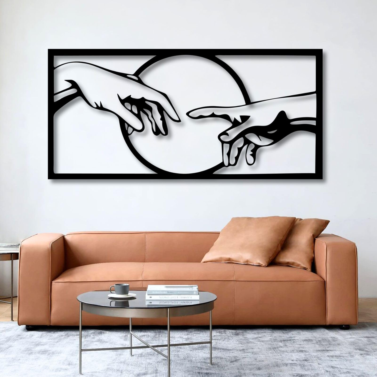 Creation of Adam Metal Wall Art, Hand of God Metal Sign Wall Decor, Modern Christian Religious God Wall Decor Framed for Living Room Bedroom Office (Black, 35 x 17 in | 90 x 43cm)