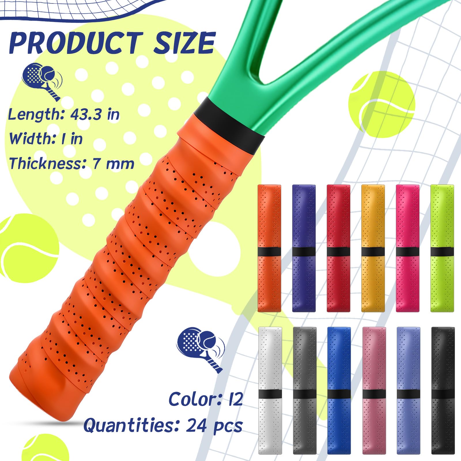 Jerify 24 Pack Racket Grip Tennis Badminton Anti Slip Perforated Absorbent Overgrips Racket Overgrips Tape, Multicolor