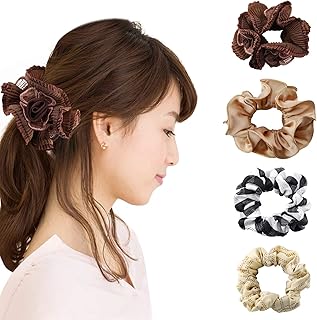 F.ZH シュシュ ヘアシュシュ ヘアゴム おしゃれ 大人 髪シュシュ 髪ゴム 可愛い 髪飾り プレゼント 女の子 花柄 レディース ボリュームシュシュ エレガント ヘアアクセサリー 4点セット (セット2)