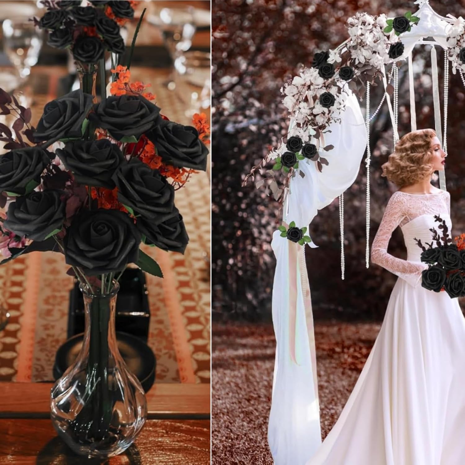 Artificial Flowers Roses with Stems for DIY Wedding Christmas Tree Bouquet Baby Shower Centerpiece Floral Arrangement Party Home Decor Mothers Day Decorations (Champagne, 50)