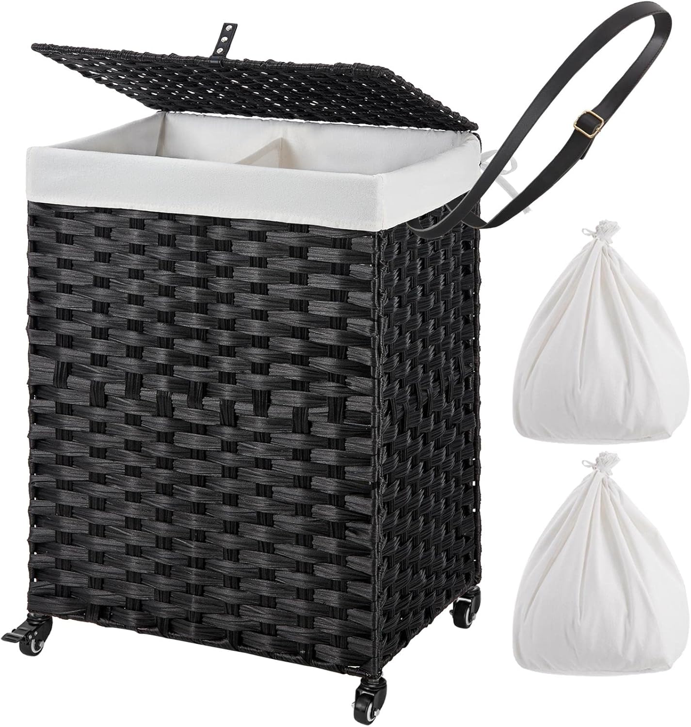 GREENSTELL Laundry Hamper with Wheels & 2 Removable Liner Bags, 90L Divided