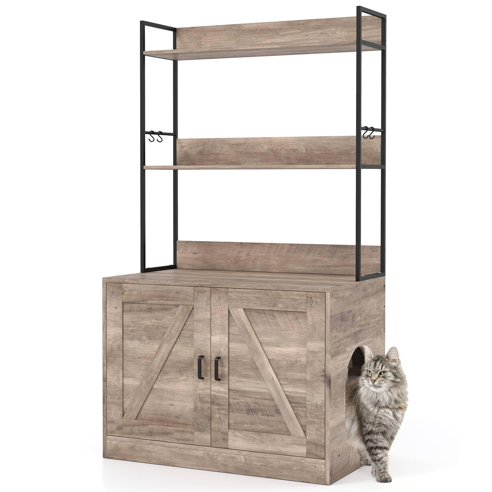 Maxmass Cat Litter Box Enclosure, Wooden Cat House with 2-Door Cabinet and 3-tier Storage Shelves, Hidden Kitten Washroom Furniture for Indoor Cats