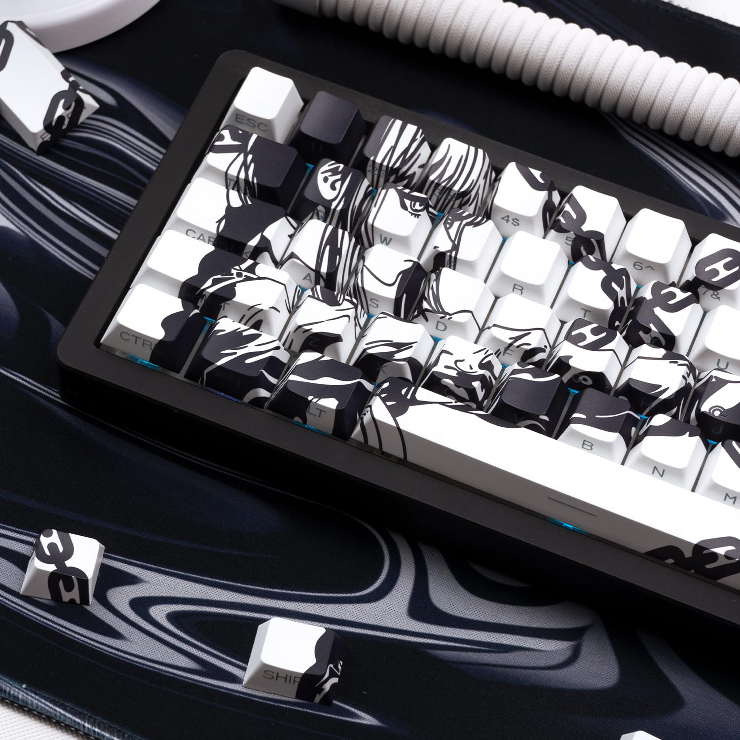 PBT Material Cherry Profile Japanische weiße Ketten Custom Shine Through Backlit Keycaps 75 Prozent 131 Key Shine-Through Side Graviert Custom Keycaps Set für mechanische Tastatur