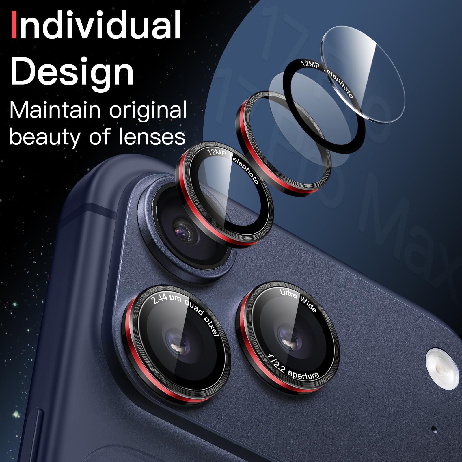 JETech Ochraniacz Obiektywu Aparatu dla iPhone 17 Pro/17 Pro Max | Czarny+Czerwony, 1 Zestaw, Szkło Hartowane 9H, Metalowe Osłony Pierścieniowe, Dwukolorowe, Łatwa Taca Instalacyjna