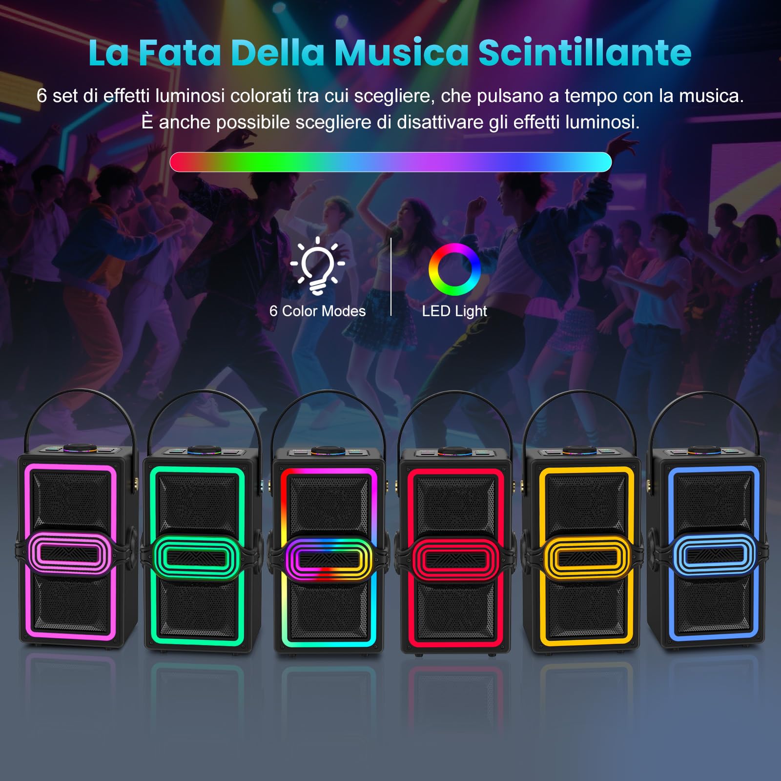 Altoparlante Bluetooth Wireless, 120 W di picco wireless TWS cassa bluetooth, altoparlanti portatili per feste all'aperto con subwoofer, bassi profondi, 6 luci LED colorate (Nero)