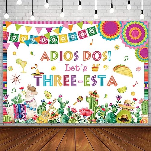 Telón de fondo mexicano de tercer cumpleaños de 7 x 5 pies para niños, decoración de fiesta de Let's Three-Esta, cactus floral, alpaca, fotografía