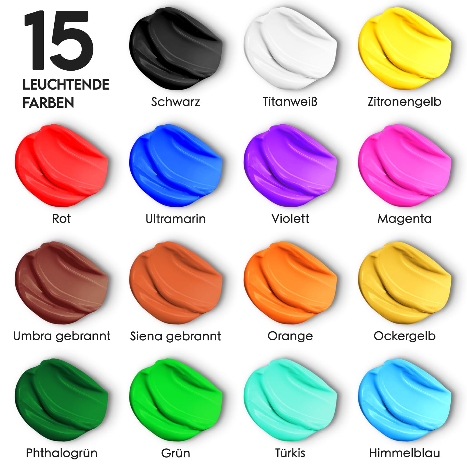 15-Farben Acrylfarben Set 15 x 500ml Große Flasche Ungiftig Wasserfest und Lichtecht Acrylfarbe für Leinwand, Holz, Stoff Stein und Bastelprojekte