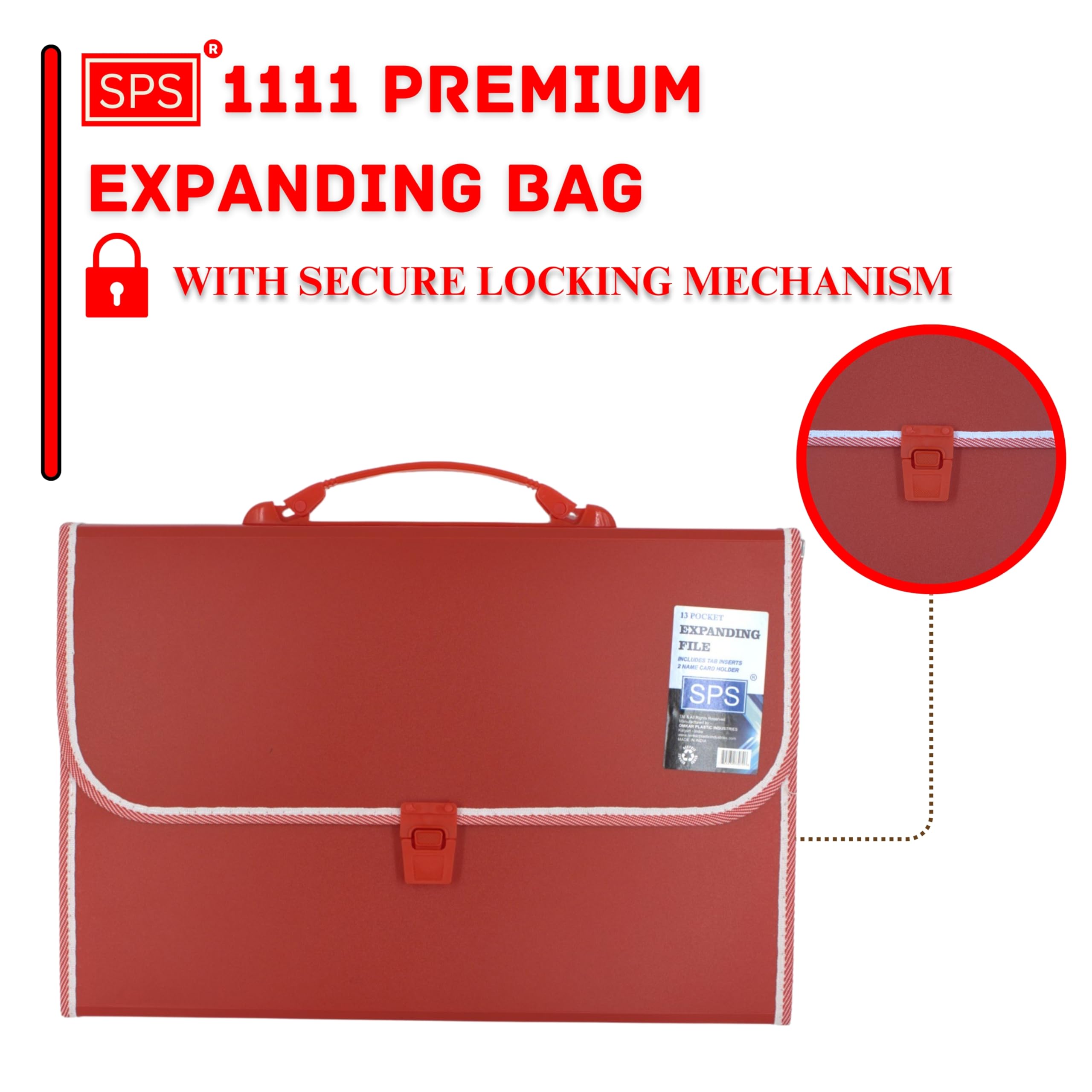 SPS Cartella portadocumenti espandibile con 13 tasche con chiusura a fibbia, indice etichette e maniglia per documenti A4/protocollo/legali (rosso)