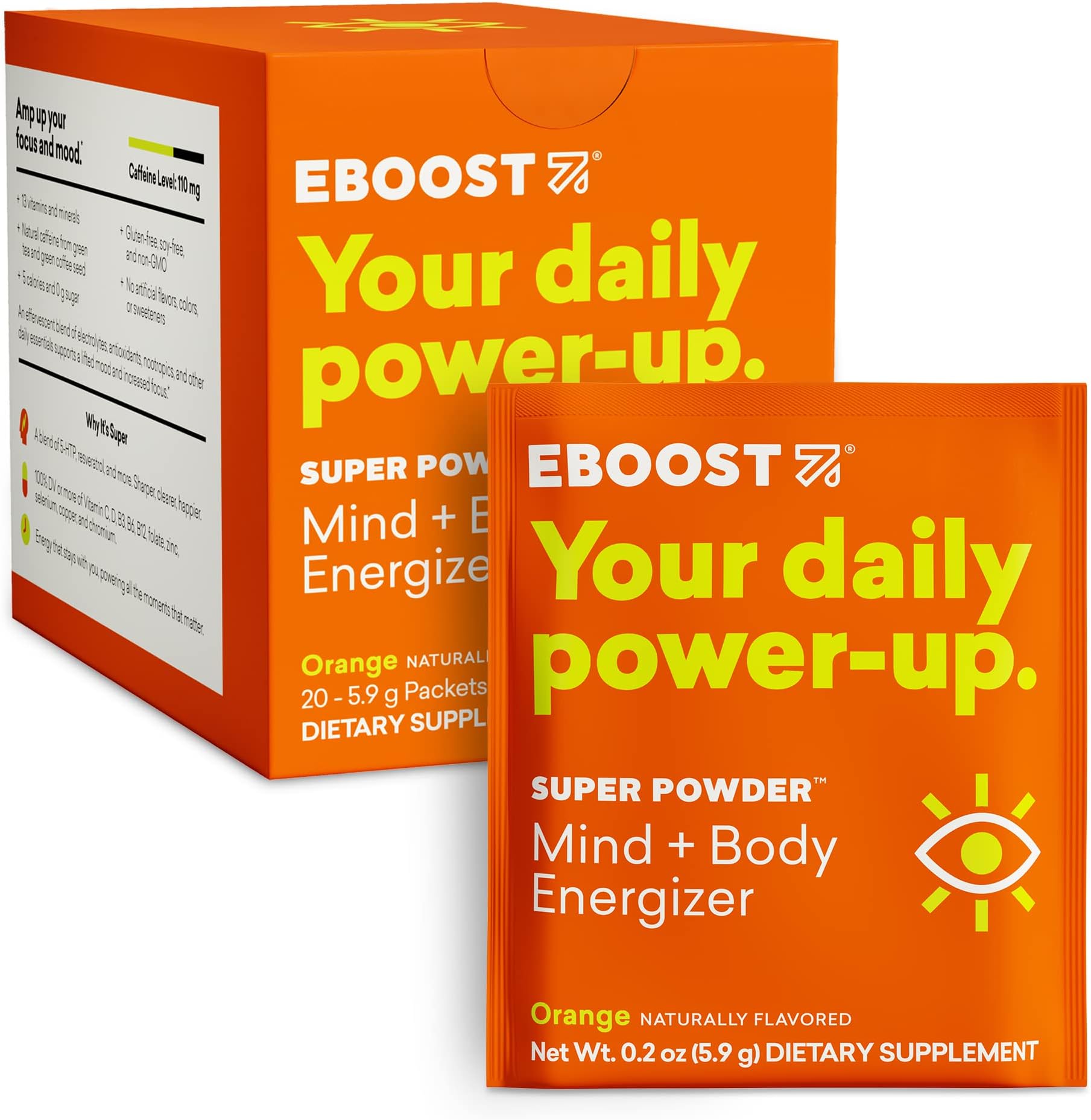 EBOOST Super Powder Drink Mix - Orange 0.2 oz 20 Pack Hydration Energizer Electrolytes Powder - 13 Vitamins & Minerals - 110 mg Caffeine - 0 Added Sugar - No Artificial Flavors or Sweeteners