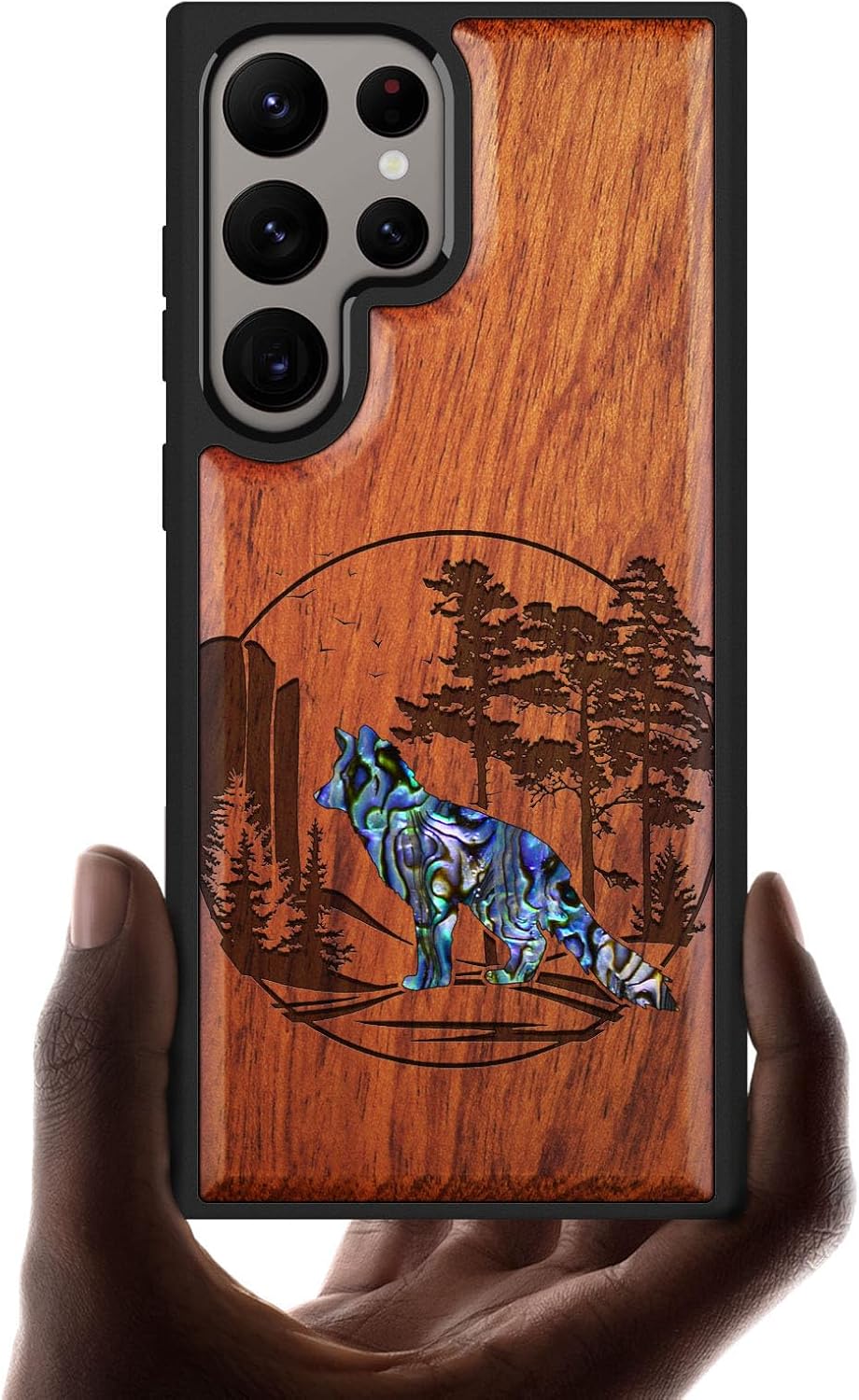 Carveit Designer Wooden Case for Samsung Galaxy S24 Ultra - Wood Engraving & Shell Inlay - Compatible with Wireless Chargers - S24 Ultra Case (Fox and Woods-Walnut)