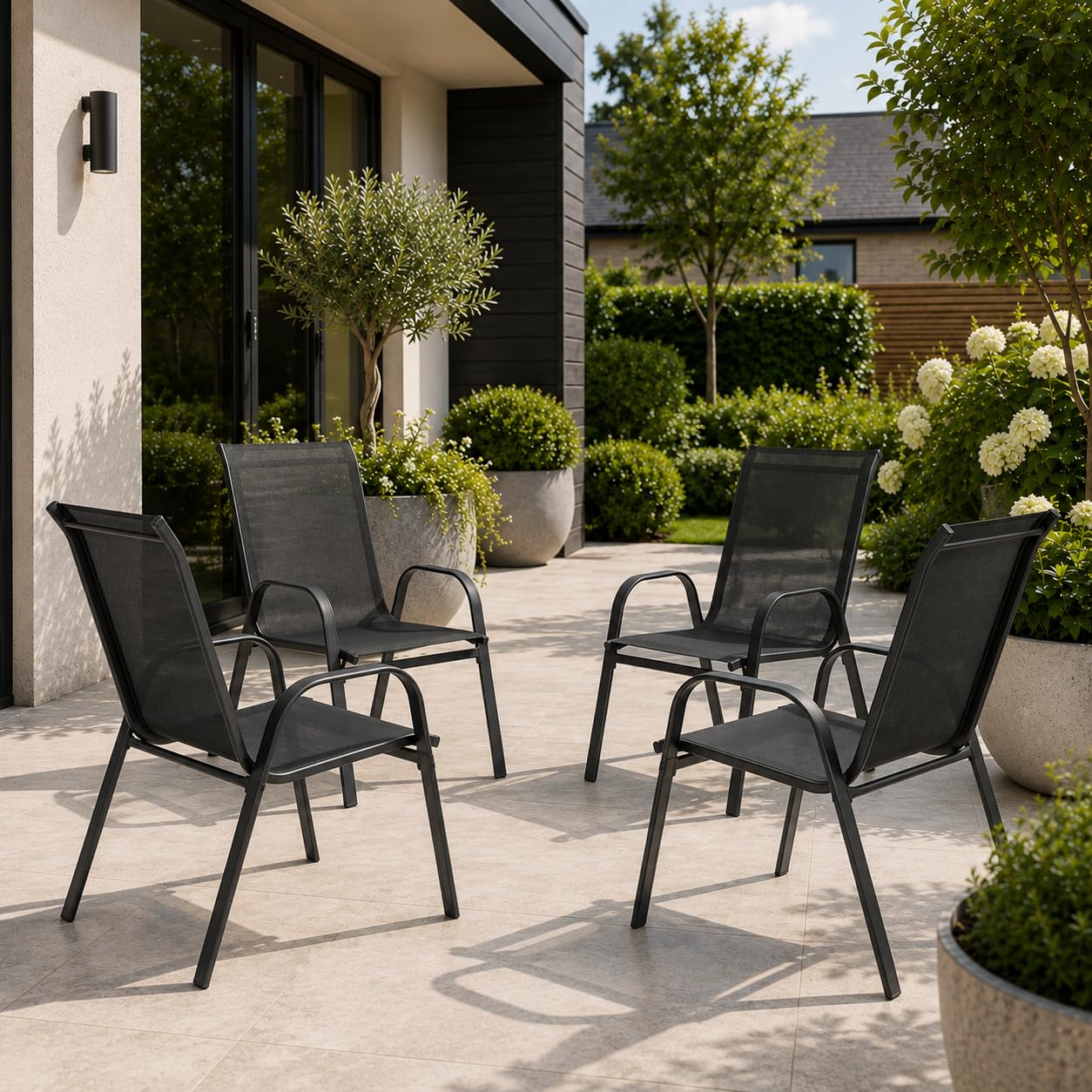 Emirates Living Garden Dining Chairs Set of 4, Stackable Outdoor Patio Chairs with Breathable Textilene Mesh, Powder Coated Steel Frame, Armchairs for Garden, Balcony & Conservatory, Black