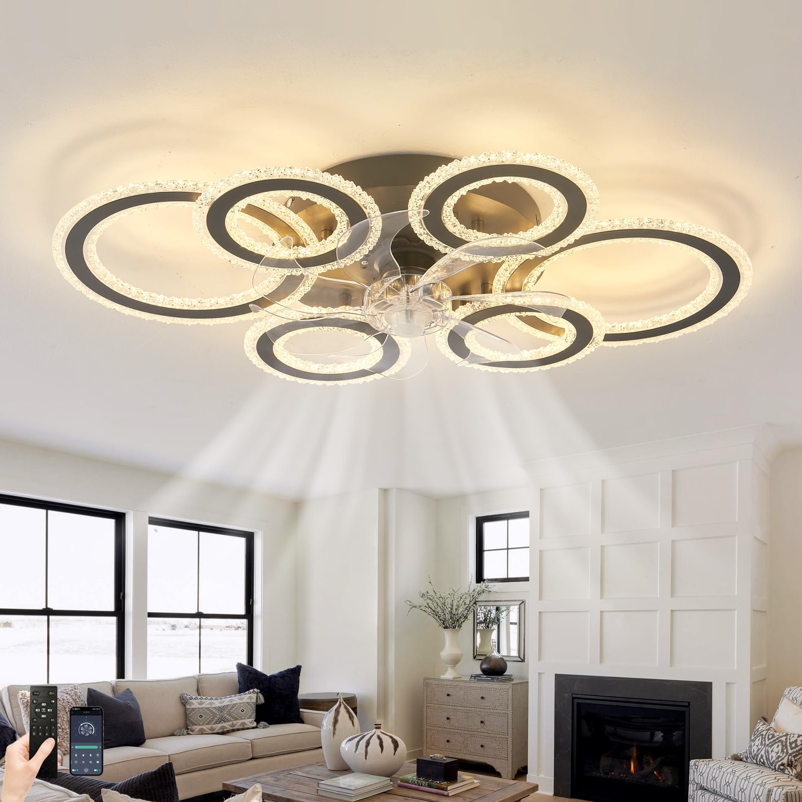 SXDMOUBK 29.9in Large Ceiling Fan with Light LED Dimmable Memory Function Ceiling Fan Lights with Remote Control 6 Speed Reversible Timer Quiet Ceiling Fan Lights Creative-Black