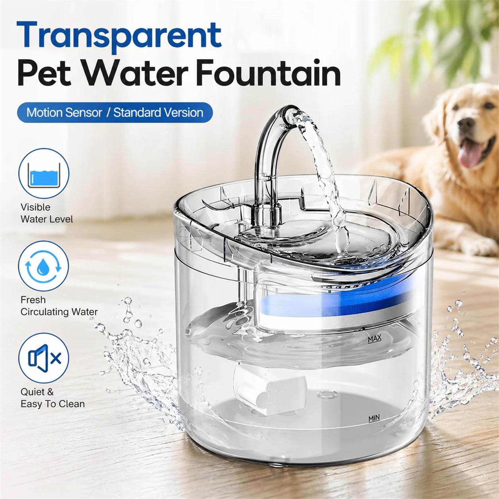 Fuente de Agua Transparente para Mascotas con Filtro Sensor de