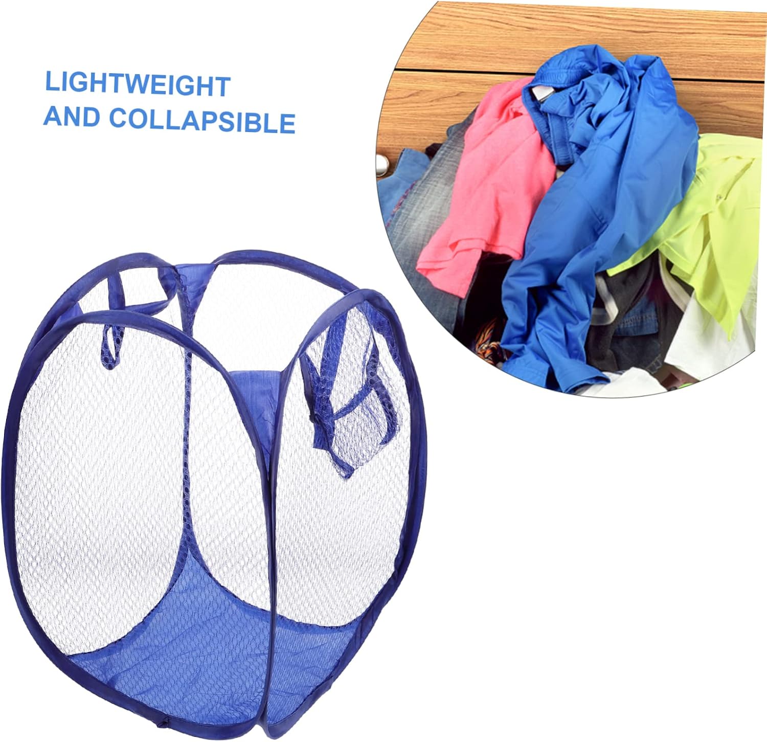 GLEAVI Foldable Pop Up Laundry Hamper Basket with Side Pocket and Handles Breathable Mesh Dirty Clothes Storage for College Dorm Small Apartments Camping Blue
