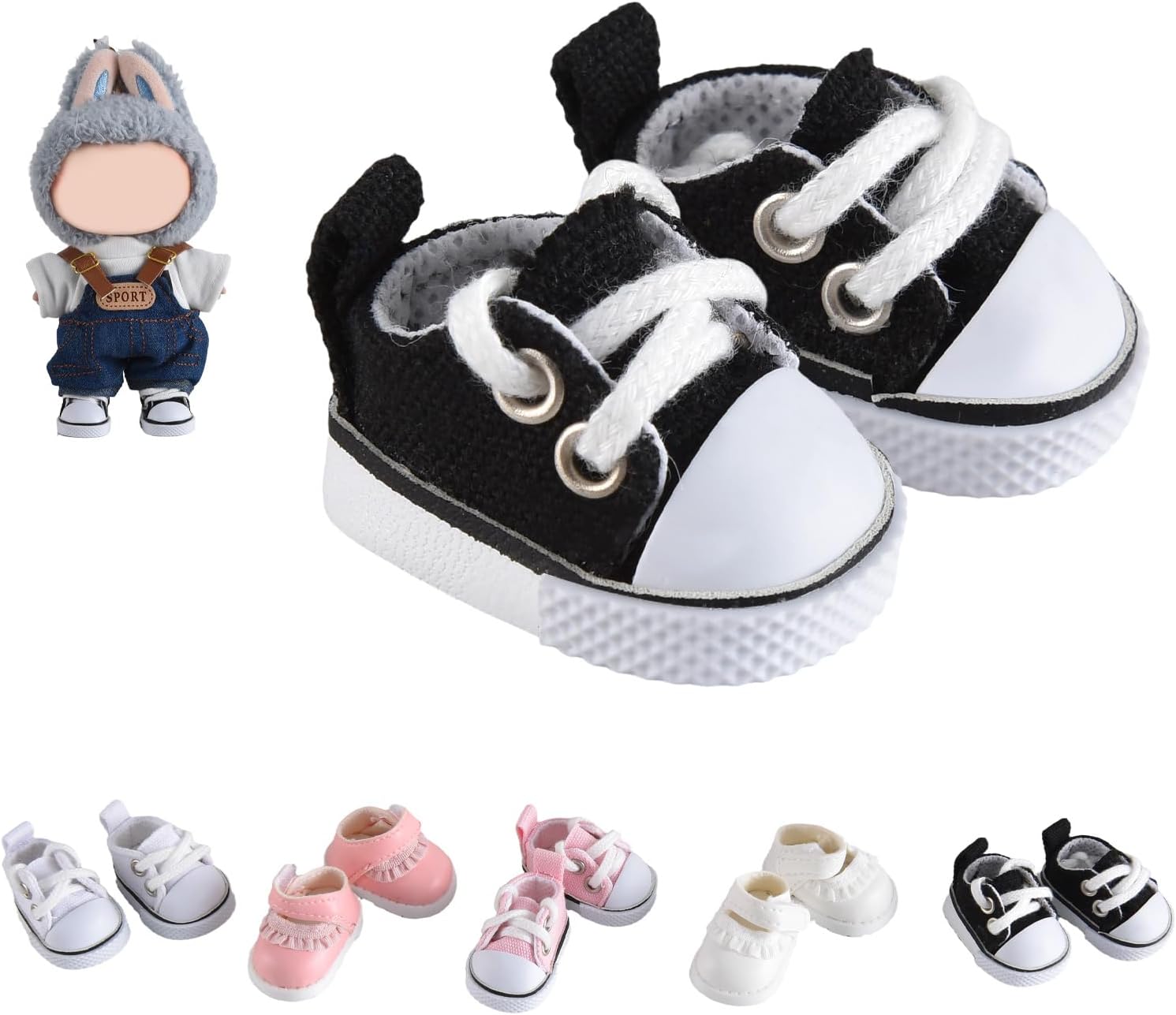Cute Doll Shoes for Labubu, Premium Doll Shoes for 4-7in Dolls, Compatible with Labubu Doll Clothing & Outfits(Black Canvas)