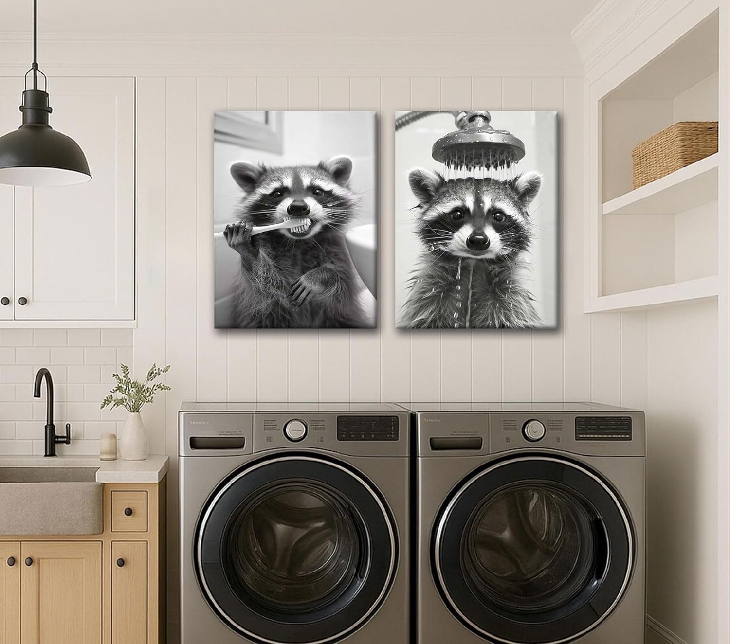 2 Pcs Funny Raccoon Bathroom Canvas Wall Art Black and White Cute Animal Poster Prints Brushing Teeth and Shower Wall Decor for Bathroom Laundry Room Kids Room 12x16 Inch Ready to Hang