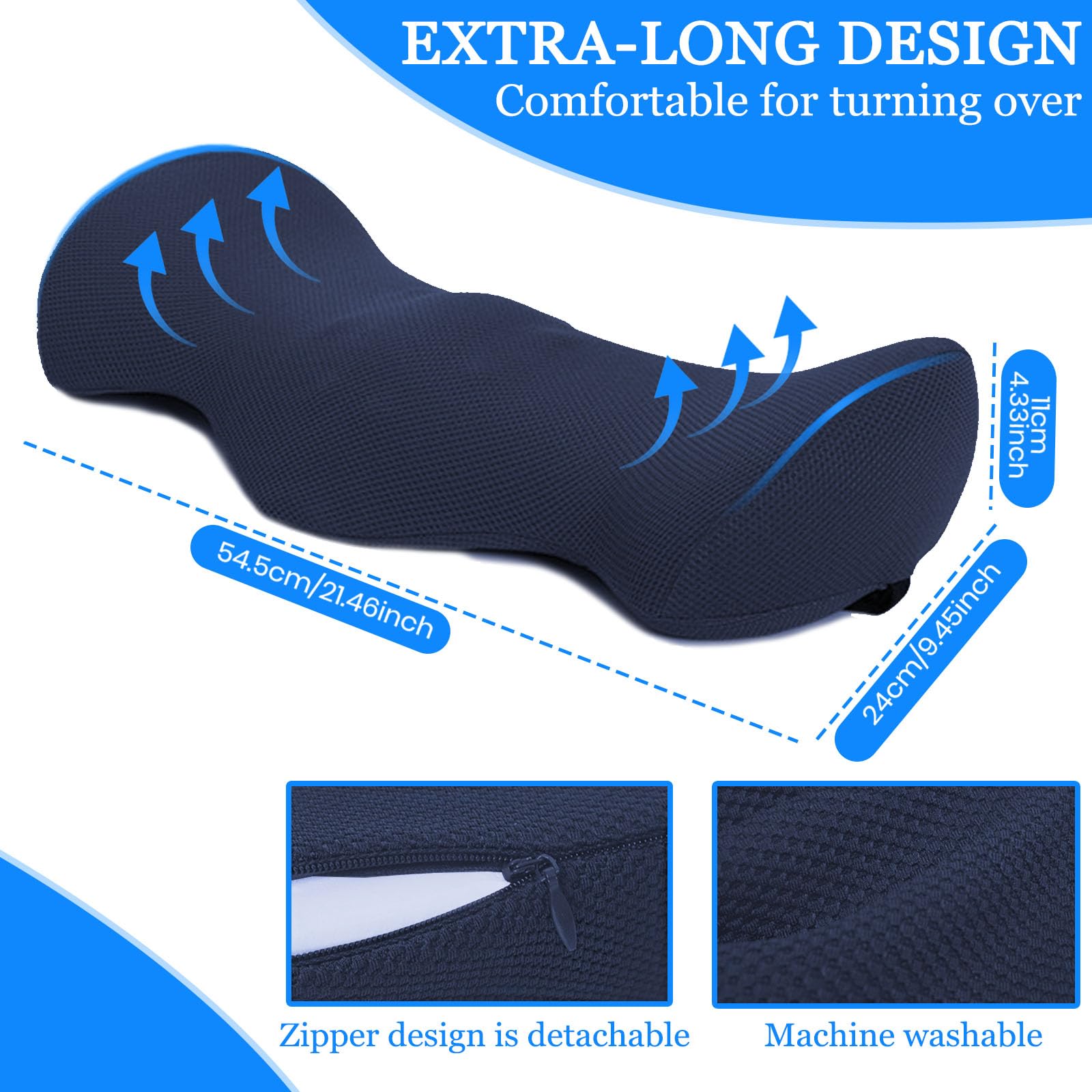 Ergonomiczna poduszka lędźwiowa do spania, podparcie lędźwiowe z pianki z pamięcią kształtu, poduszka lędźwiowa łagodzi ból pleców, zdejmowany kaptur, można prać w pralce (ciemnoniebieski)