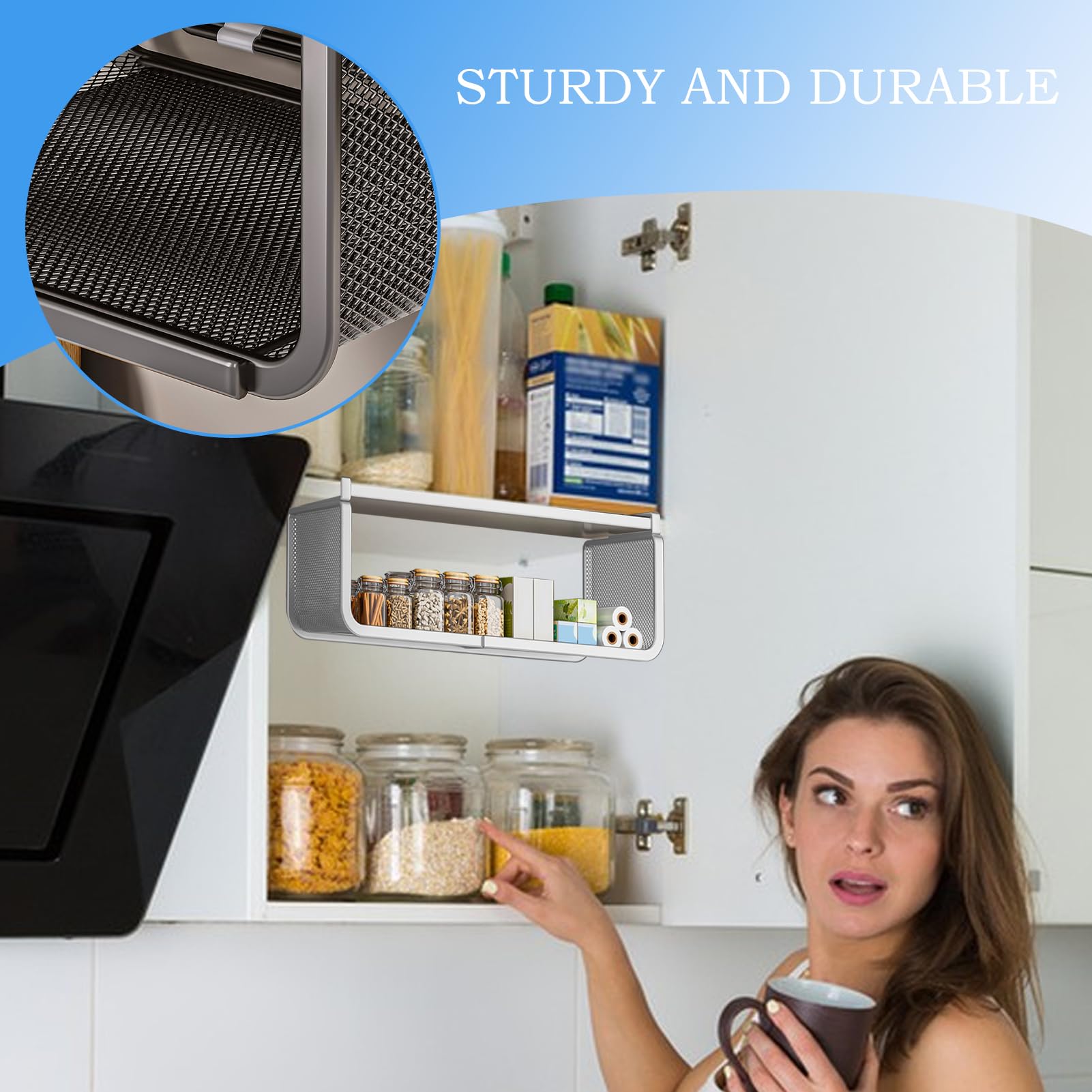 Organizzatore da appendere sotto l'armadio - Scaffale regolabile sotto ripiano con struttura in metallo resistente | Cestino multiuso per dispensa da cucina, articoli per il bagno, per